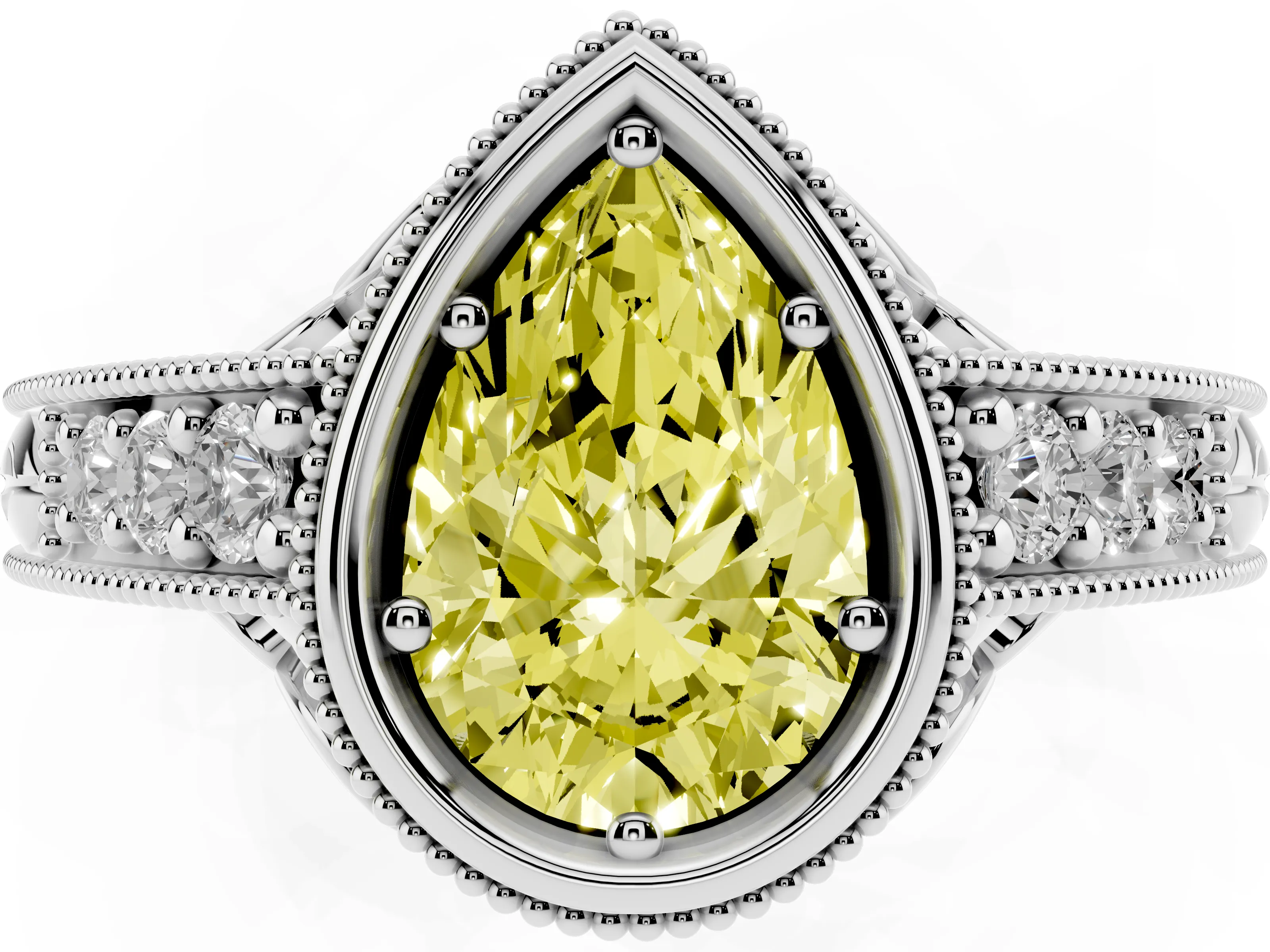 Fancy Yellow Bezel Set Pear Cut Diamond Milgrain Pavé Engagement Ring Set in Silver