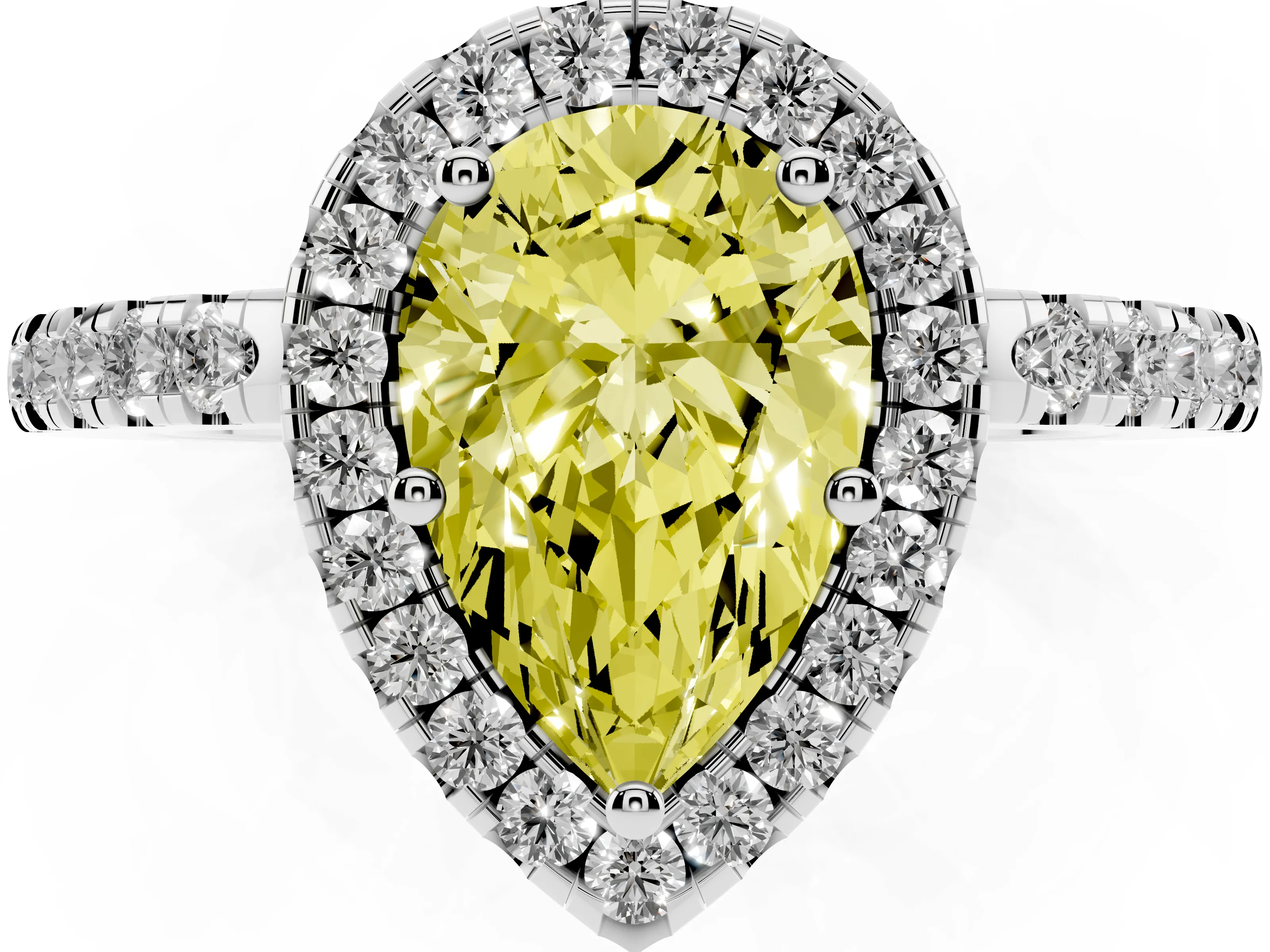 Fancy Yellow Pear Cut Diamond Pavé Band Halo Engagement Ring Set in White gold with Prong Setting