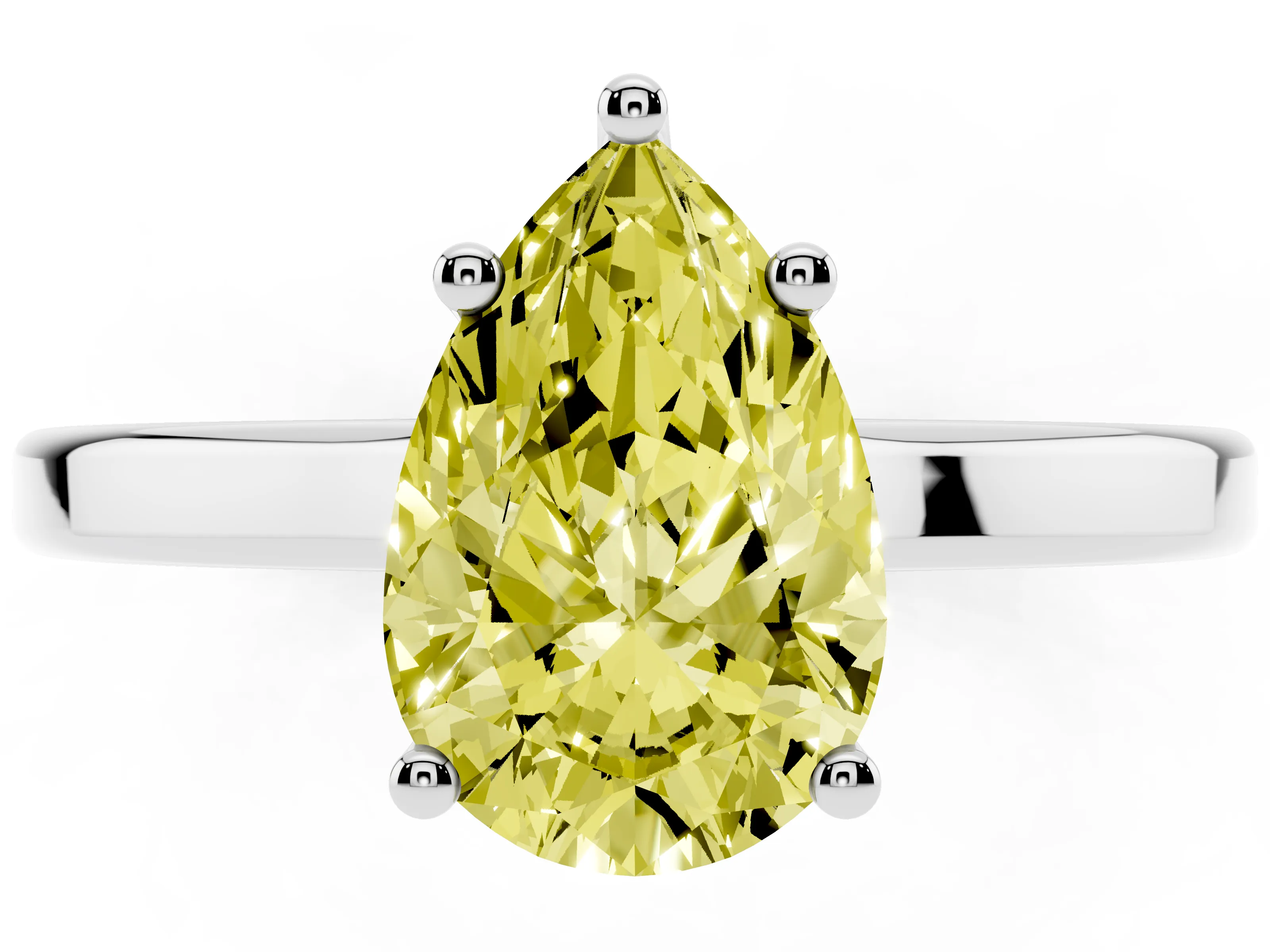 Fancy Yellow Pear Cut Diamond Solitaire Engagement Ring Set in White gold with Prong Setting on a Plain Band