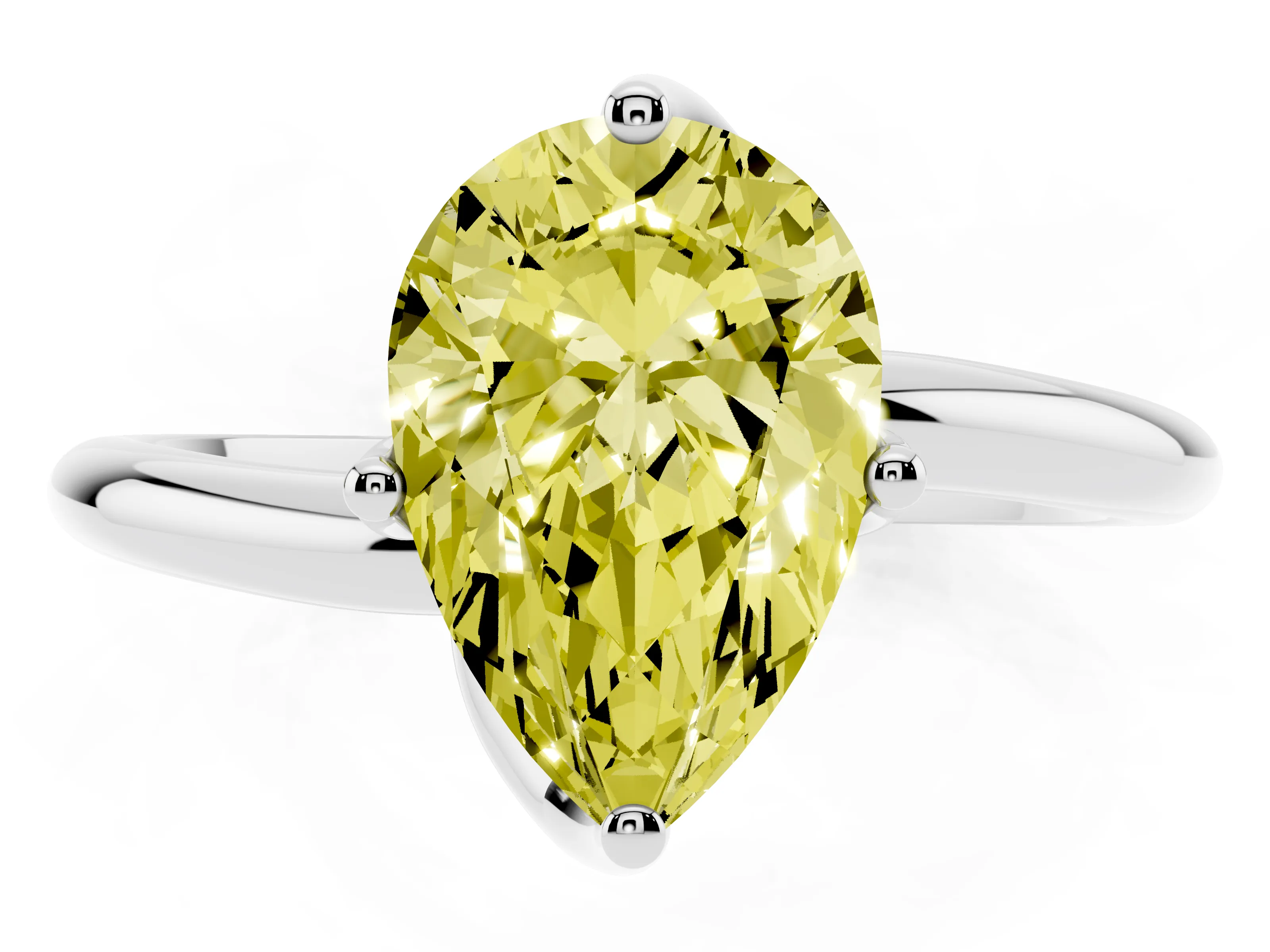 Fancy Yellow Pear Cut Diamond Solitaire Engagement Ring Set in Platinum with Classic Plain Band