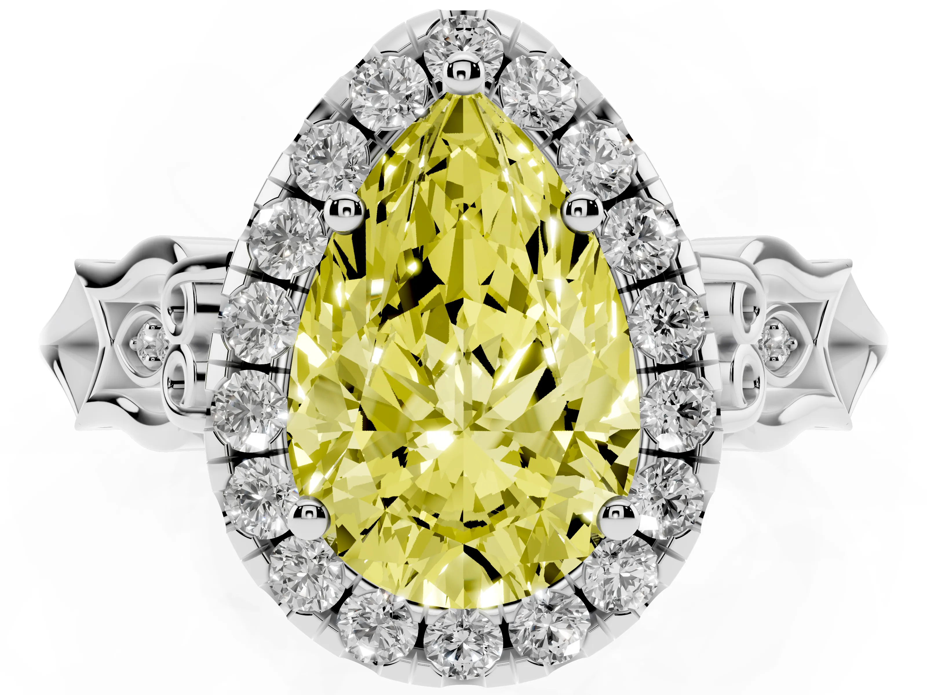 Fancy Yellow Pear Cut Diamond Halo Engagement Ring Set in Platinum with Filigree Band and Prong-Set Center