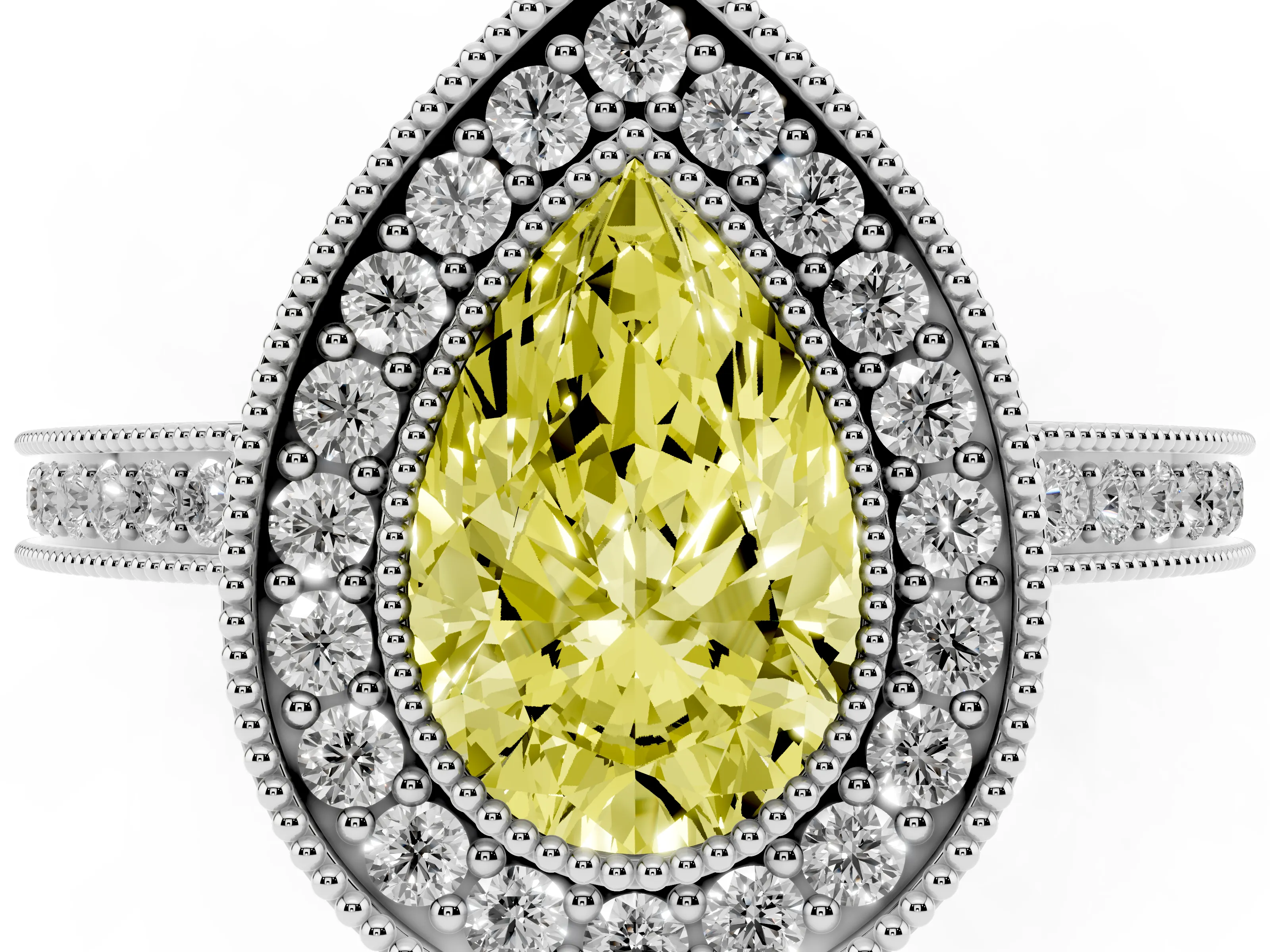 Fancy Yellow Pear Cut Diamond Halo Ring Set in Platinum with Pavé Band and Milgrain-Edged Prongs