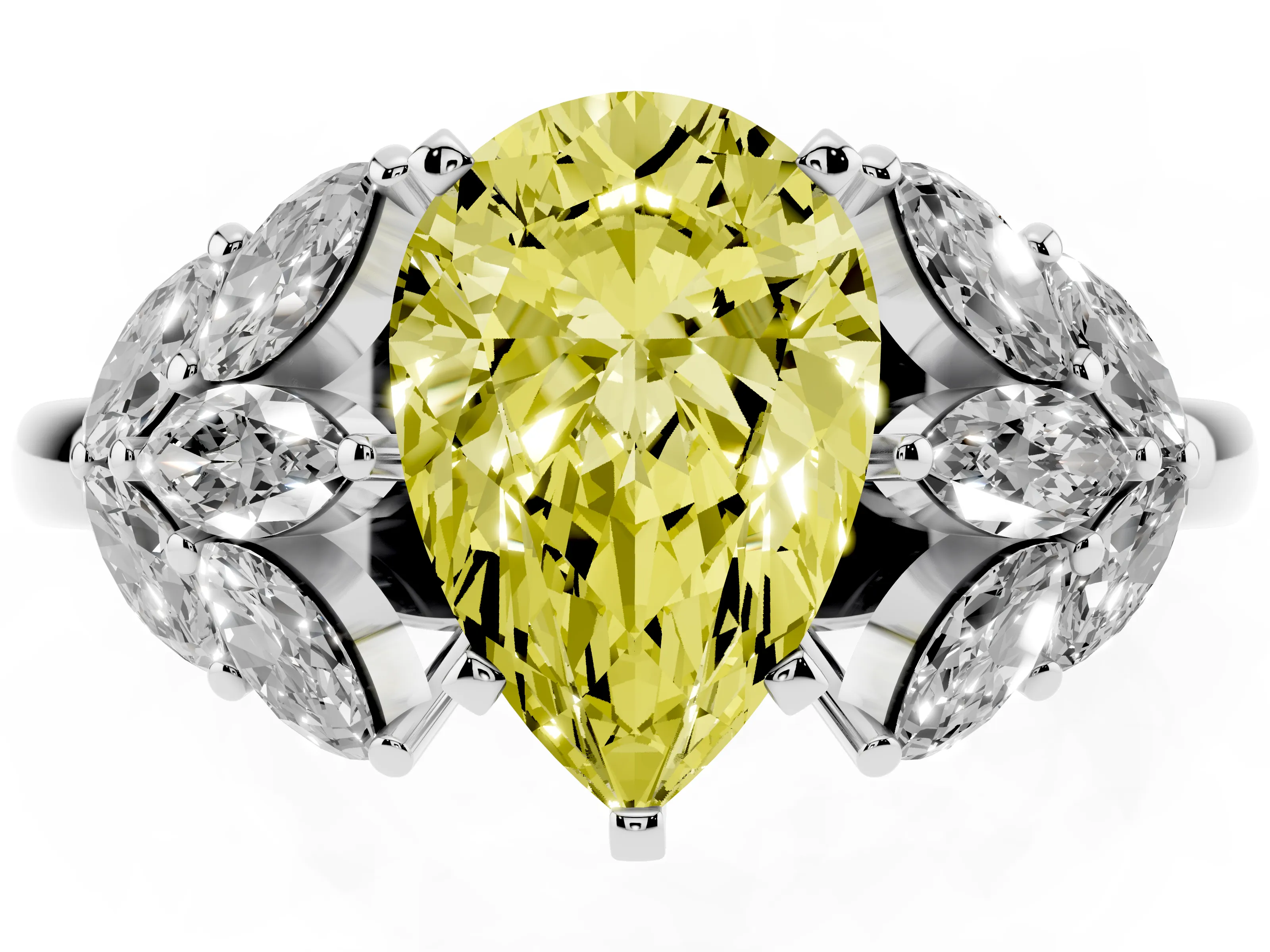 Fancy Yellow Pear Cut Diamond Cluster Leaf Design Ring Set in Silver with Prong Setting