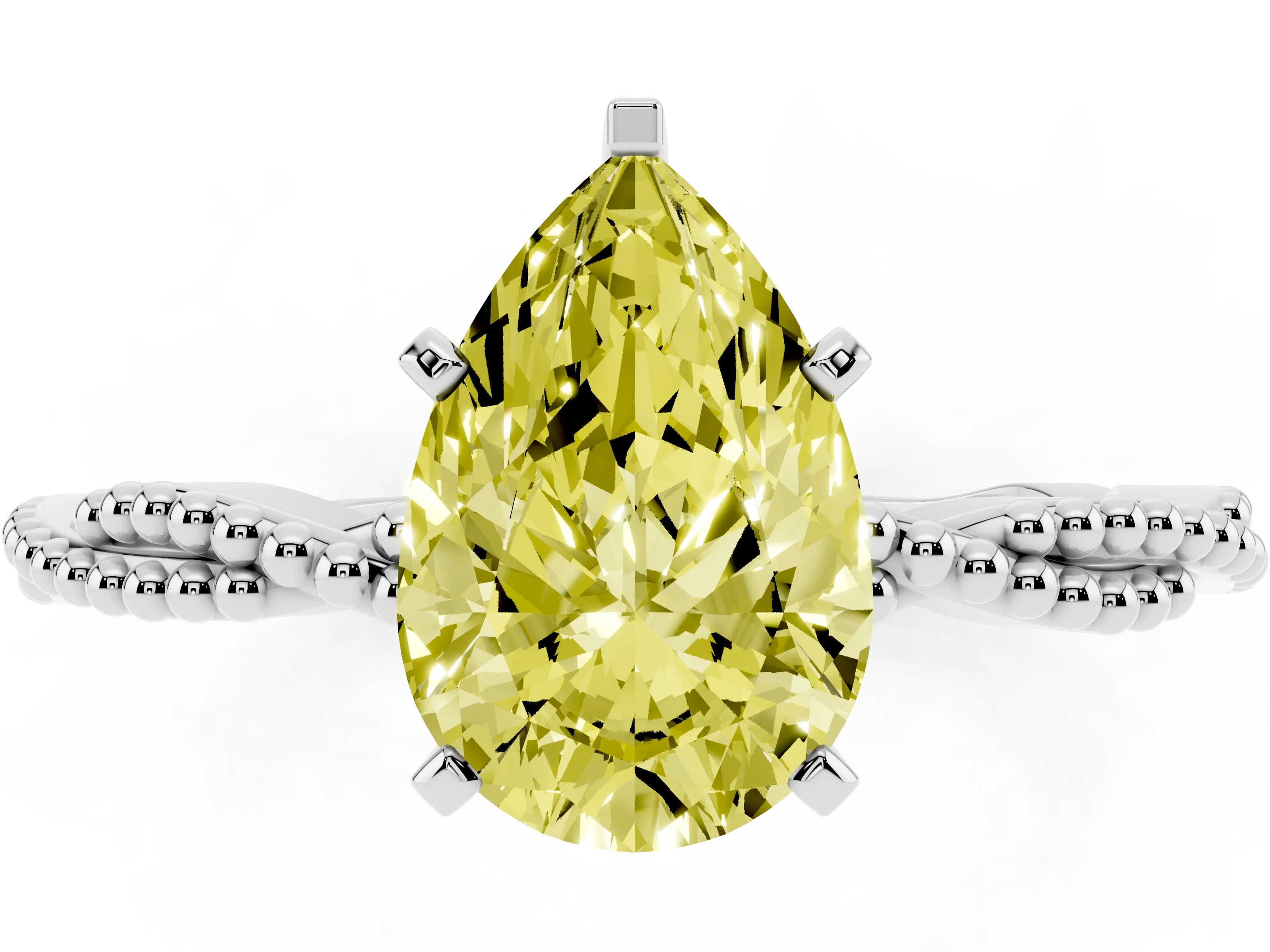 Fancy Yellow Pear Cut Diamond Solitaire Ring Set in Silver with Twisted Band and Bead Prong Setting