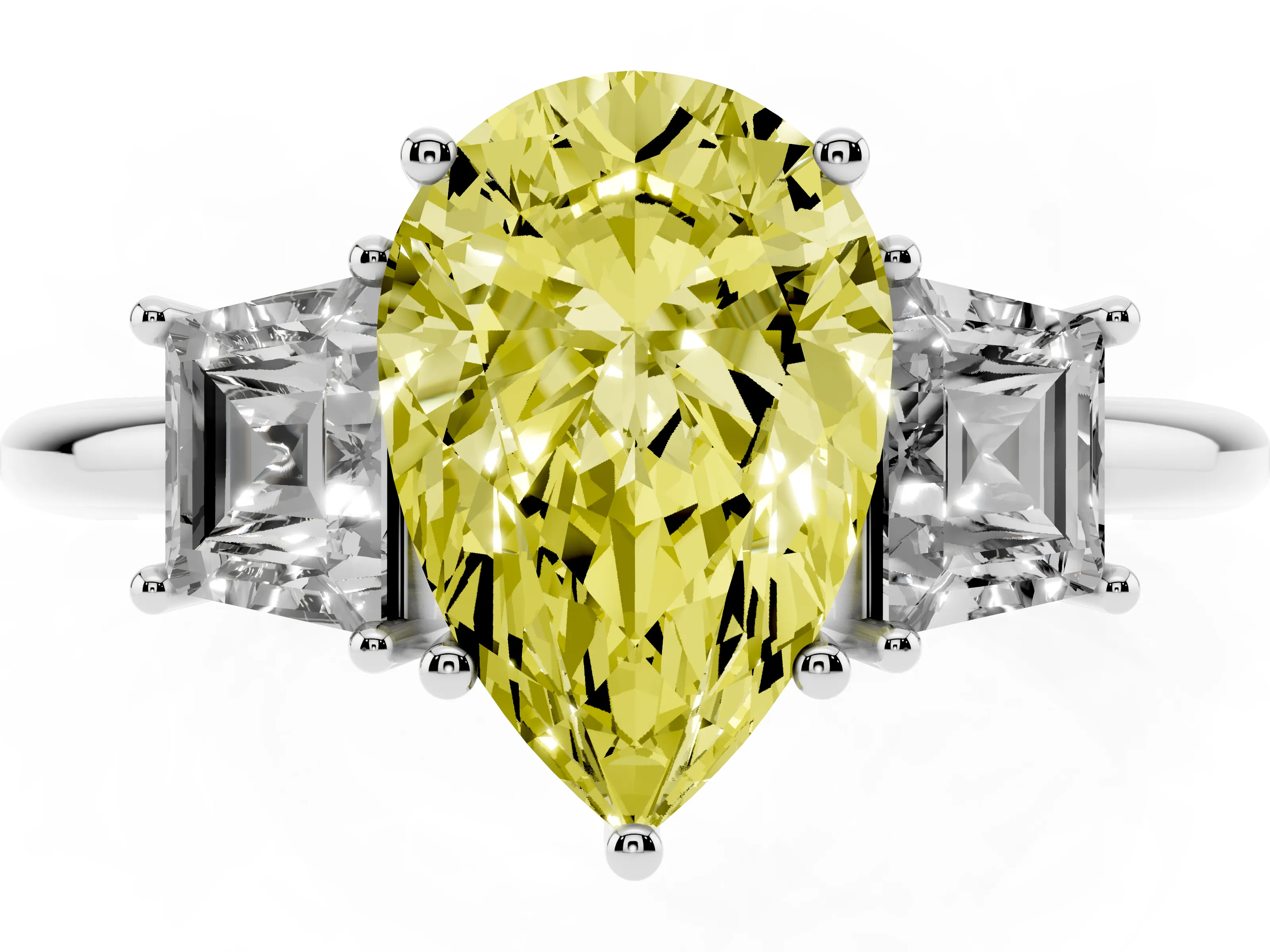 Fancy Yellow Pear Cut Diamond Three-Stone Ring Set in White gold with Trapezoid Side Stones and Prong Setting