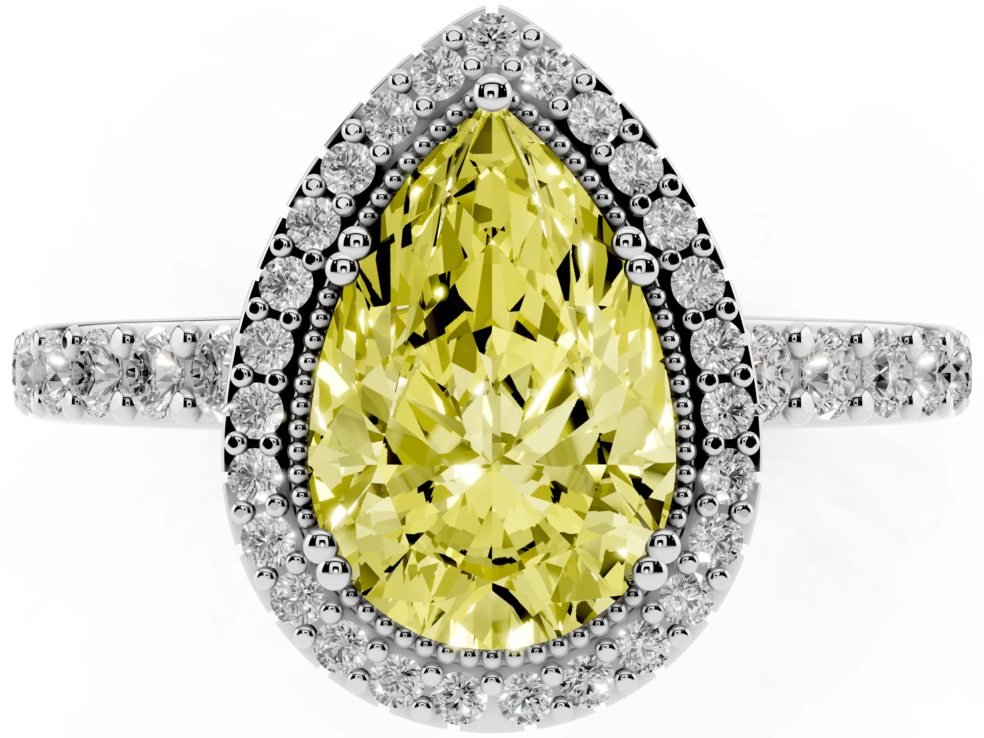 Fancy Yellow Pear Cut Diamond Halo Engagement Ring Set in Platinum with Milgrain Detail and Pavé Band