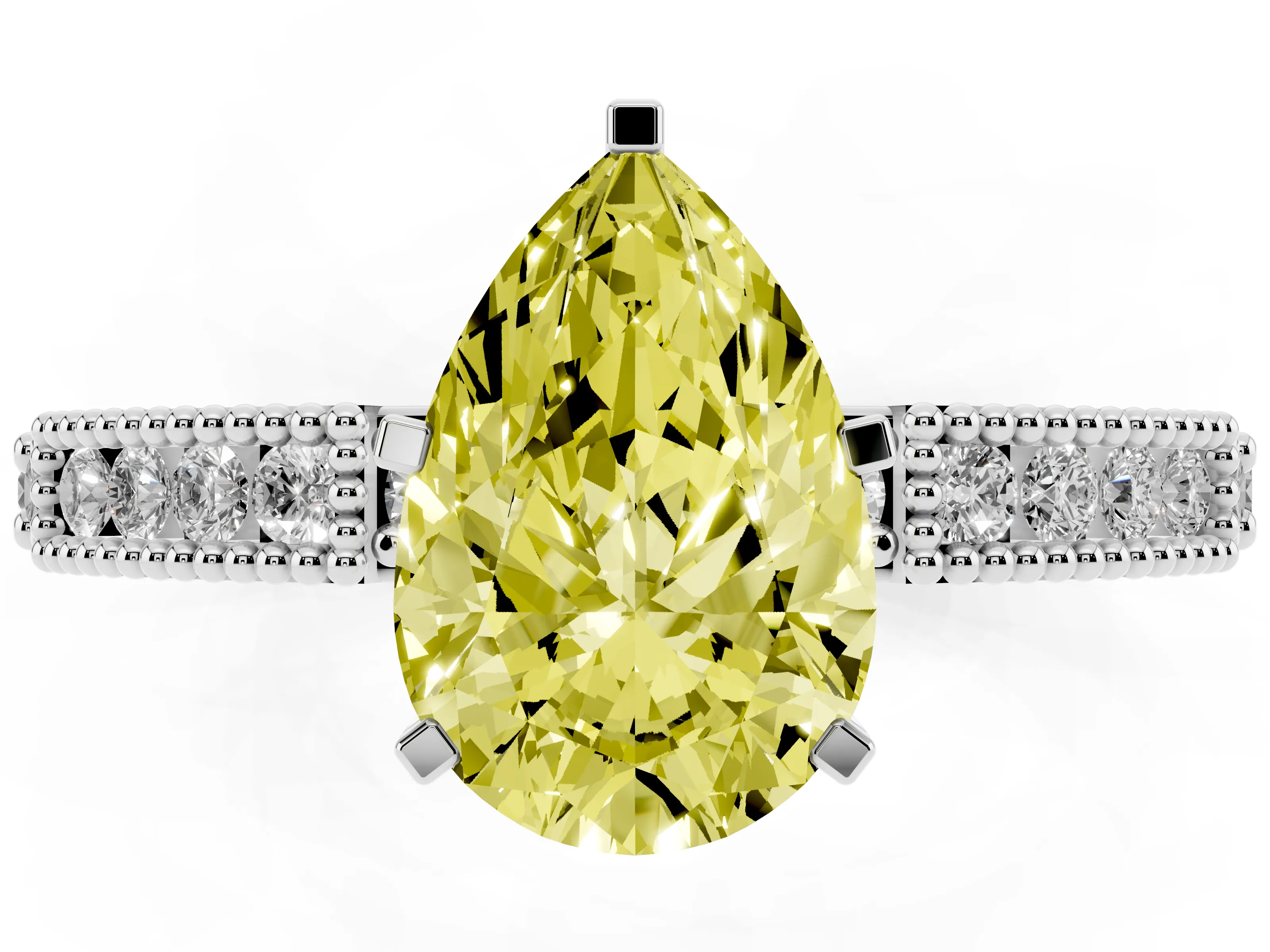 Fancy Yellow Pear Cut Diamond Solitaire Ring Set in Silver with Slim Pavé Band and Prong Setting