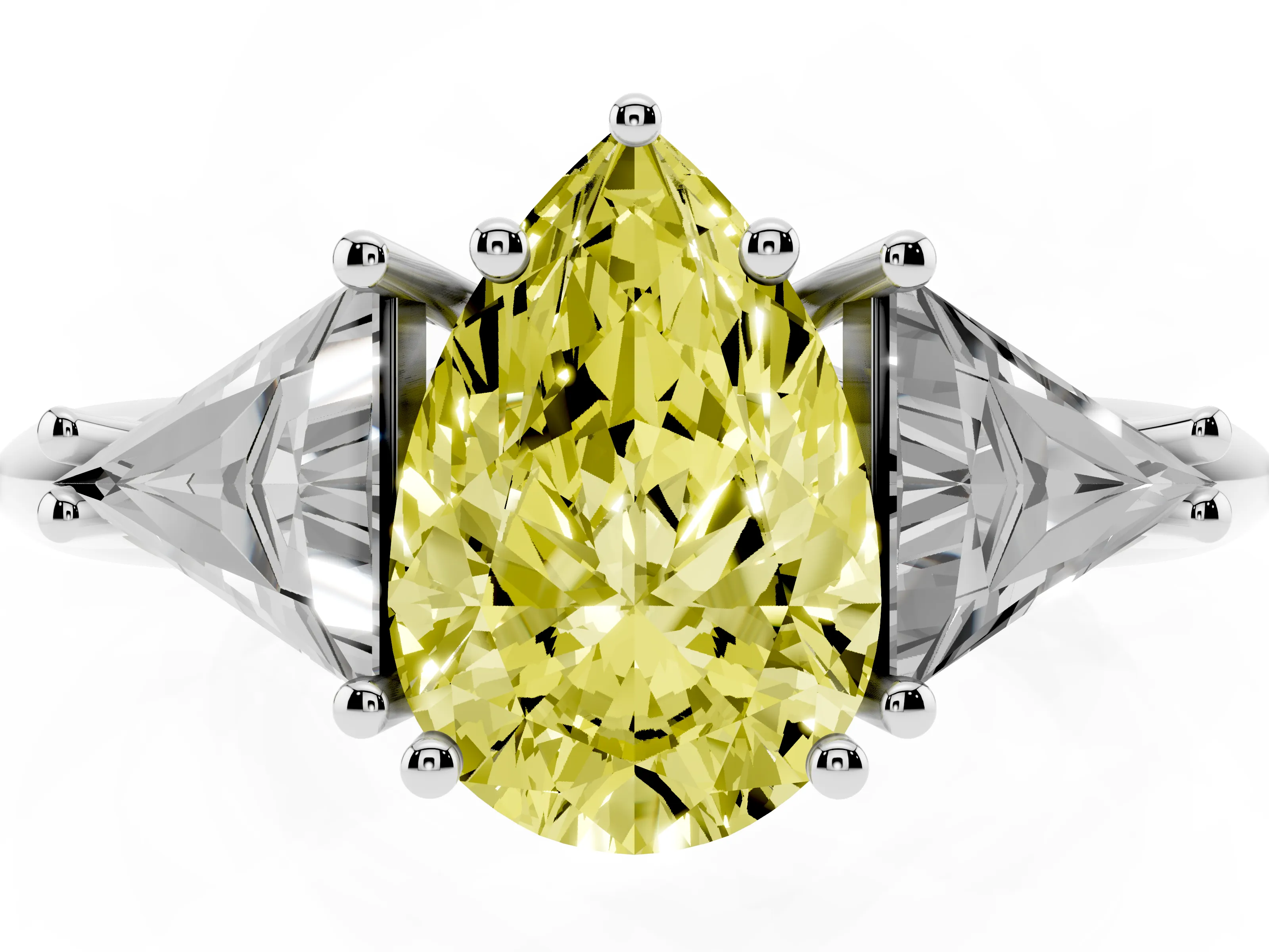 Fancy Yellow Pear Cut Diamond Three-Stone Engagement Ring Set in Platinum with Trillion Side Stones