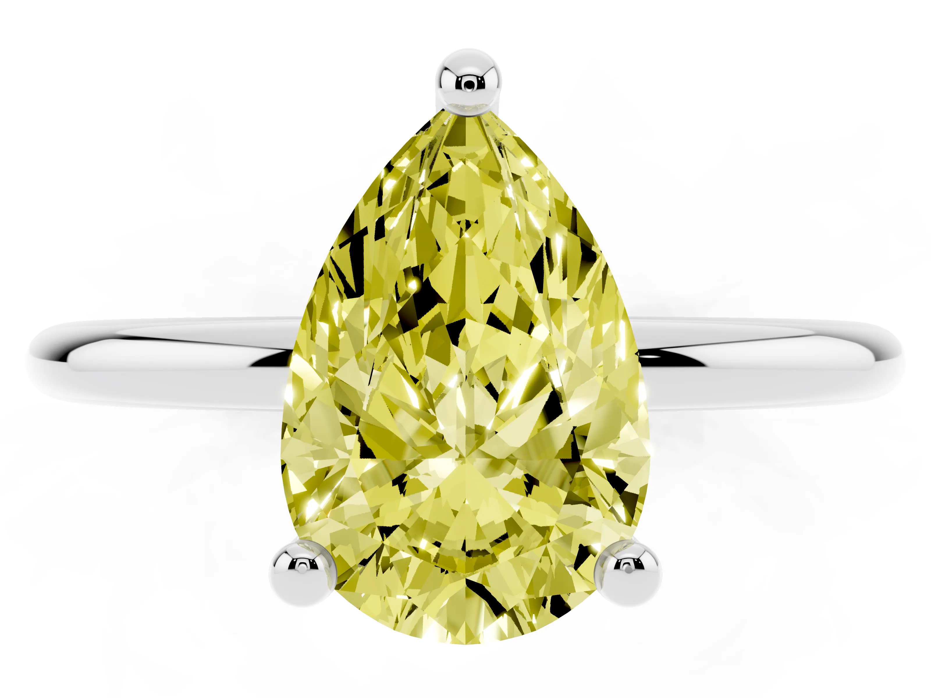 Fancy Yellow Pear Cut Diamond Solitaire Ring Set in Silver with Secure Prong Setting on a Classic Band