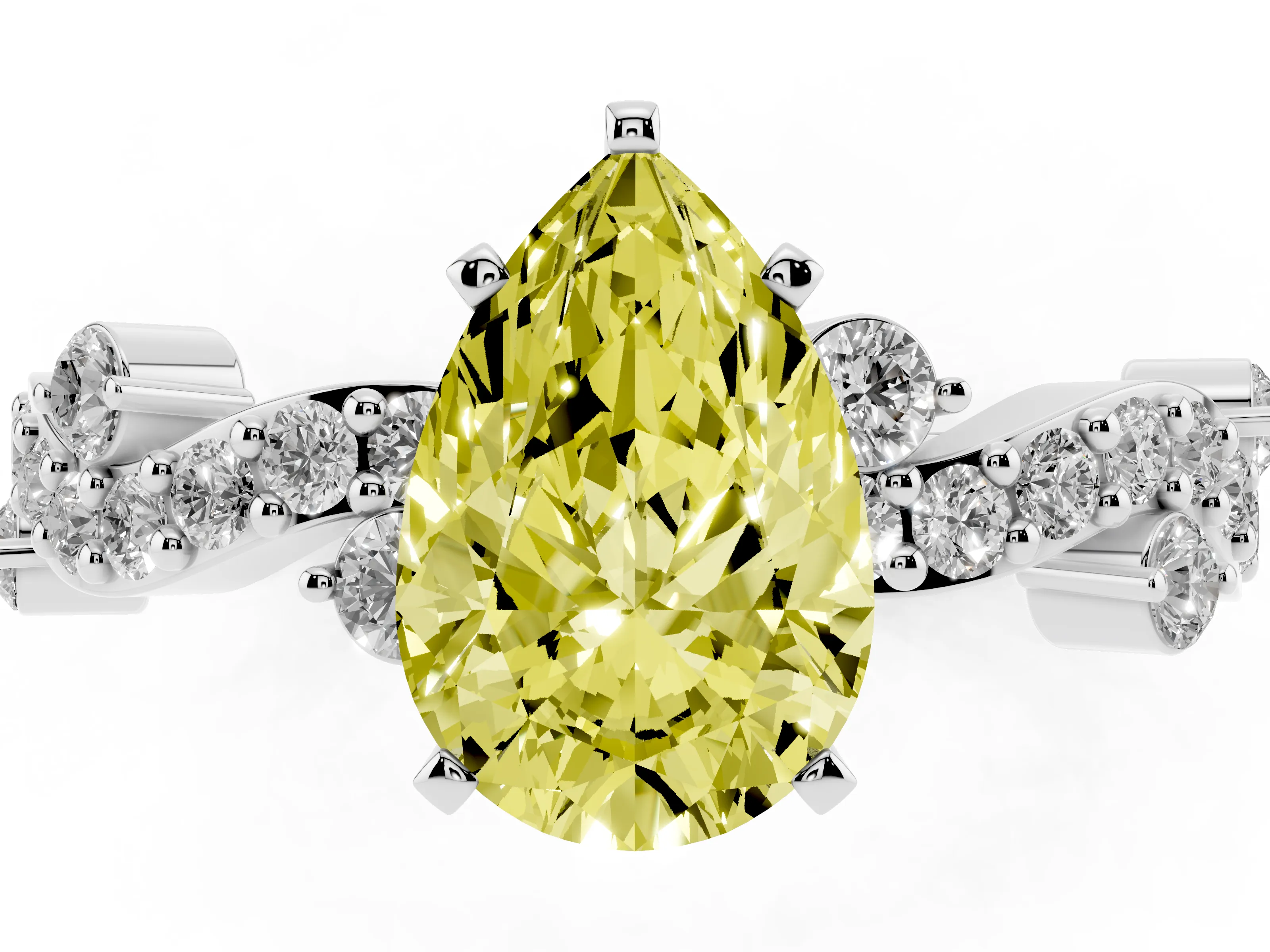 Fancy Yellow Pear Cut Diamond Solitaire Twisted Band Set in White gold with Pavé Setting