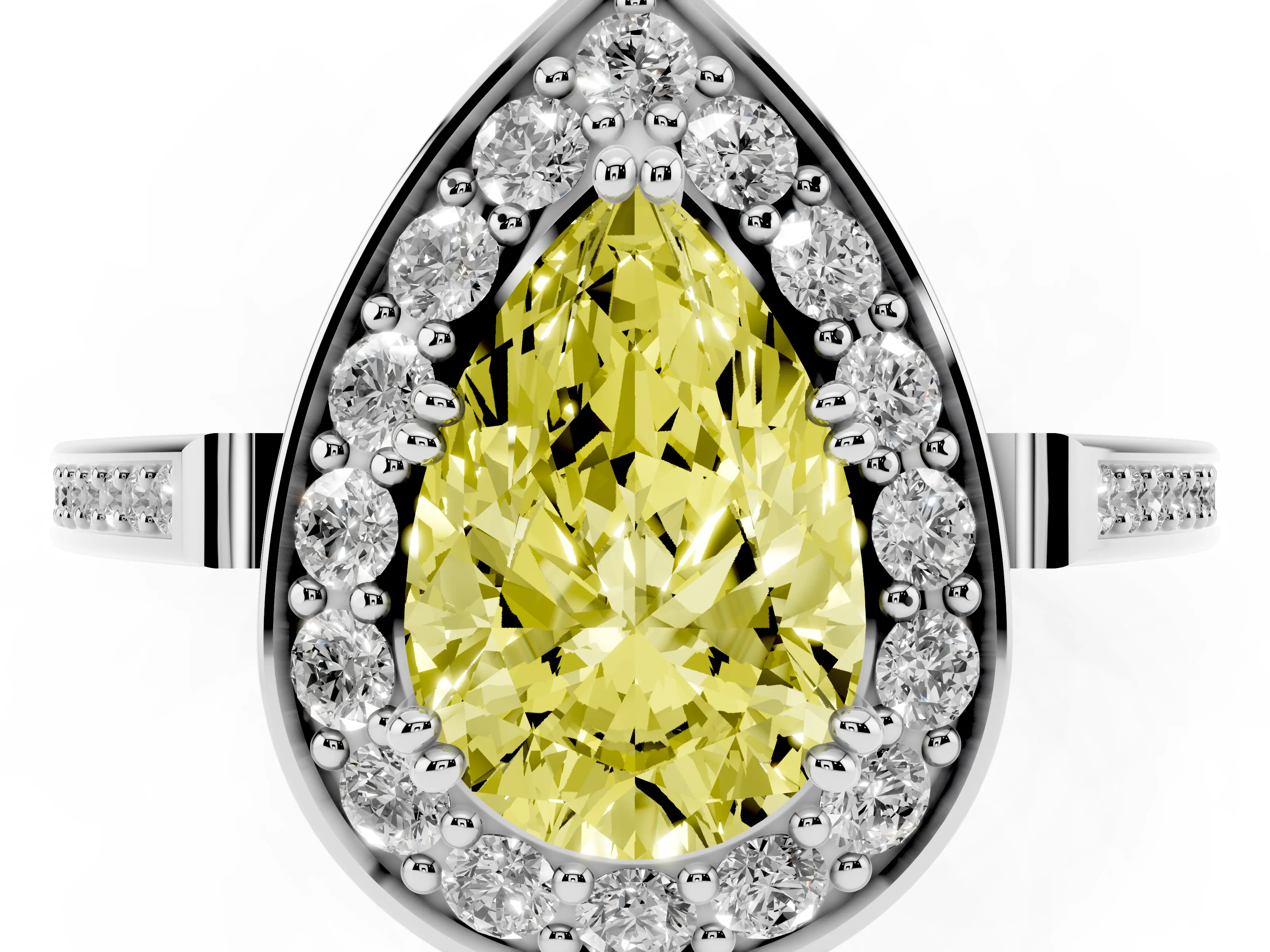 Fancy Yellow Pear Cut Diamond Halo Ring Set in Silver with Accent-Lined Split Shank and Prong Setting