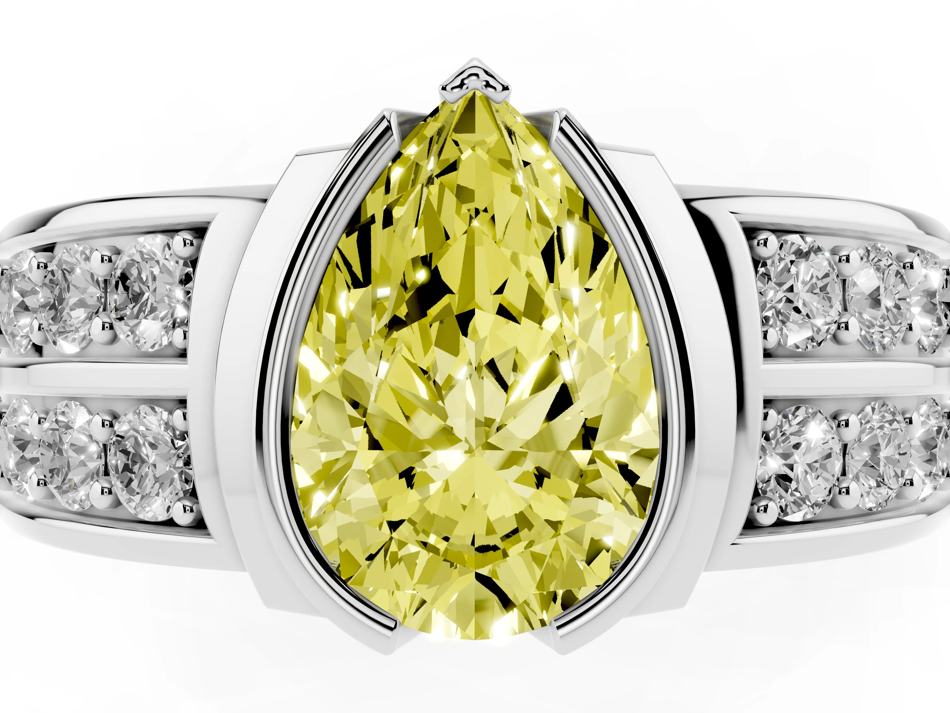 Fancy Yellow Pear Cut Diamond Wide Channel Set Band Ring Set in Platinum with Bezel Setting