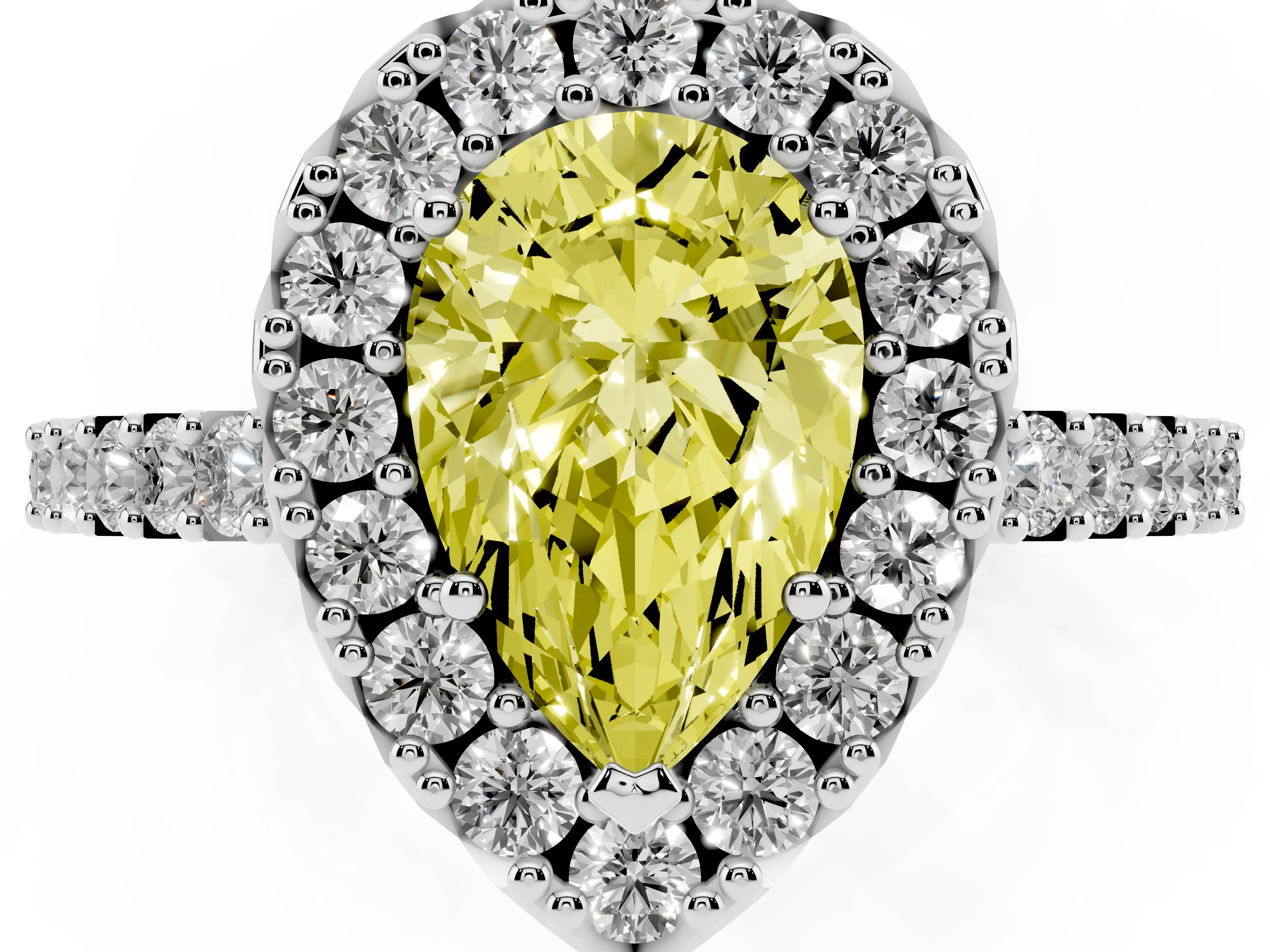 Fancy Yellow Pear Cut Diamond Halo Pavé Solitaire Ring Set in Platinum with Prong-Set Center Stone