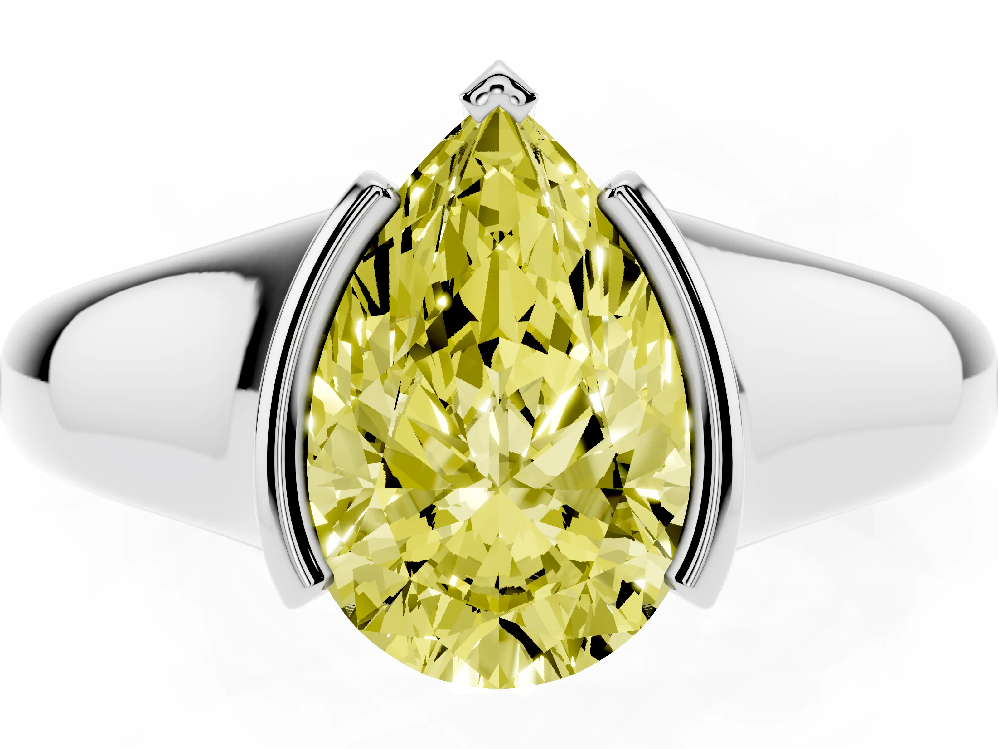 Fancy Yellow Pear Cut Diamond Solitaire Tension Set Ring Set in Platinum with Split Shank Band