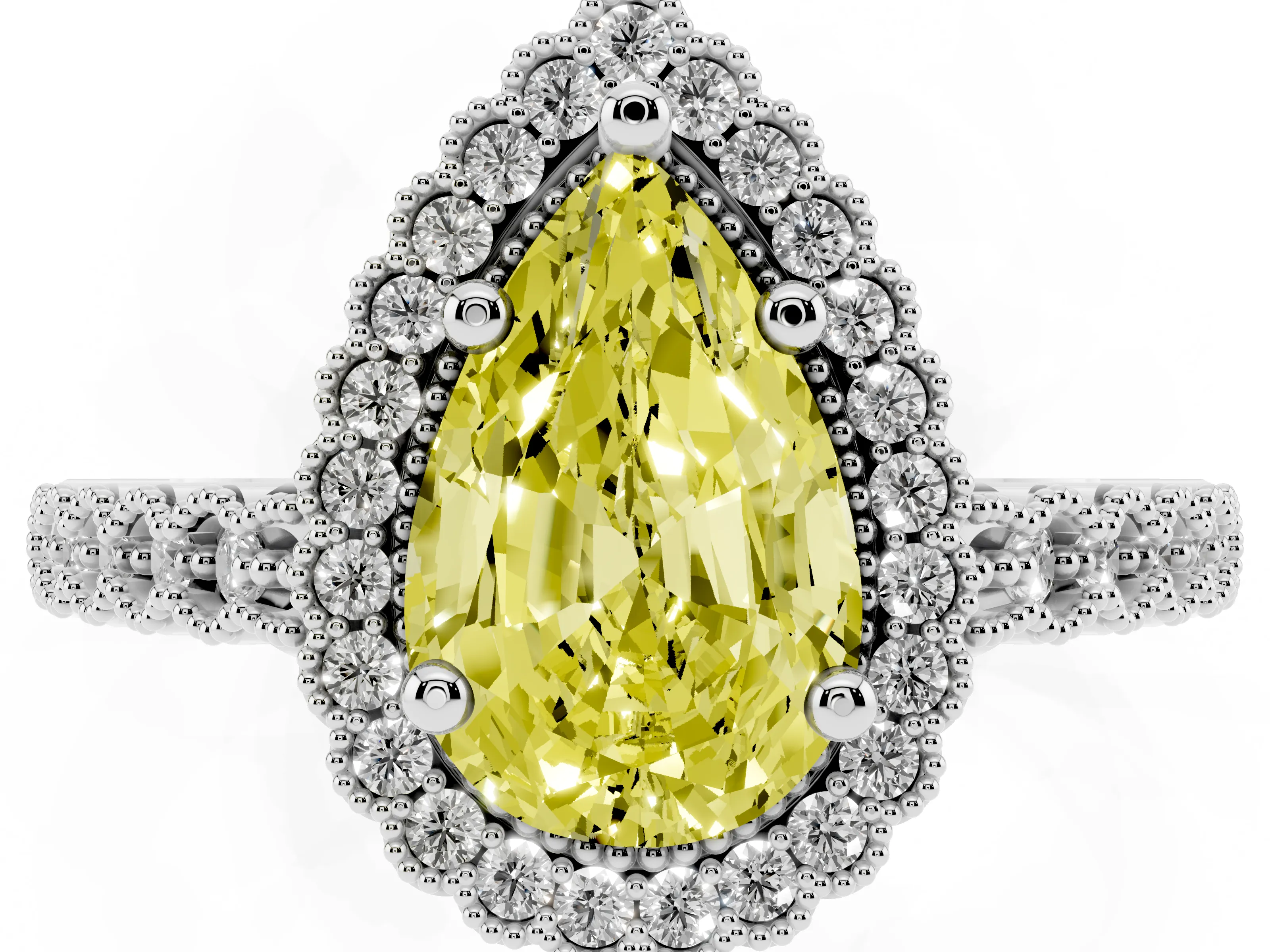 Fancy Yellow Pear Cut Diamond Halo Ring Set in Platinum with Pavé Milgrain Band