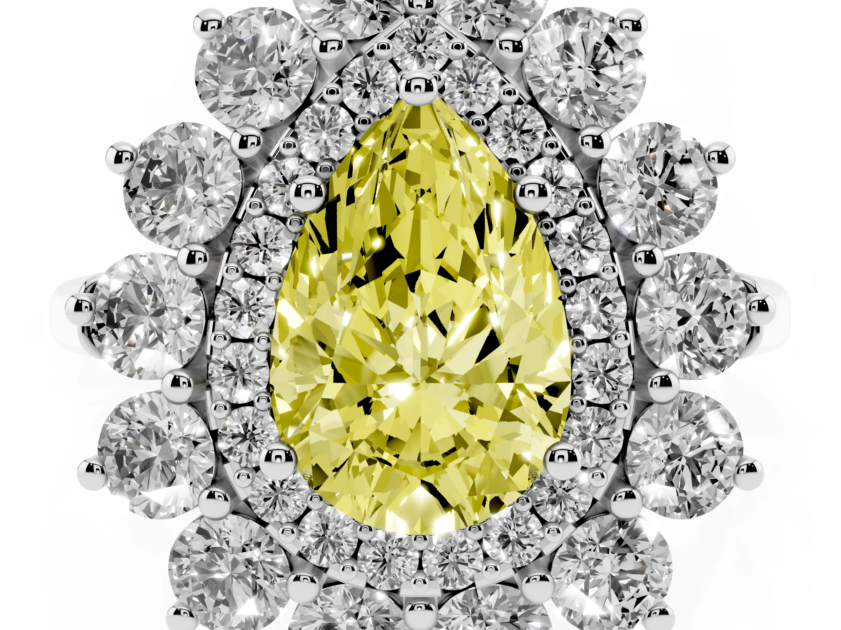 Fancy Yellow Pear Cut Diamond Floral Double Halo Ring Set in White gold with Round Petals