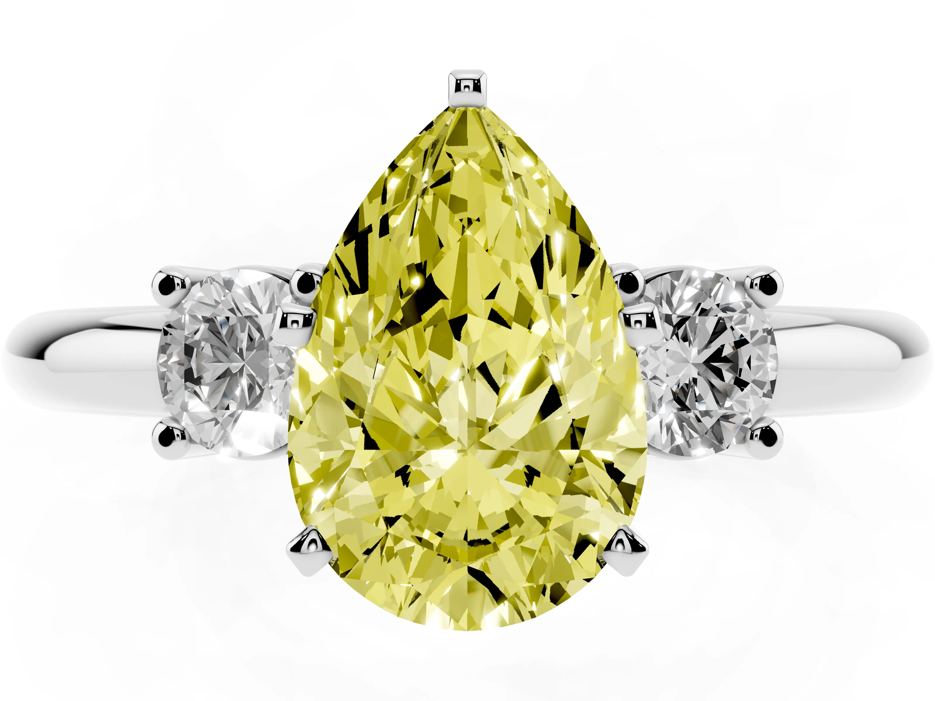 Fancy Yellow Three-Stone Pear Cut Diamond Ring Set in Silver with Prong Setting and Plain Band