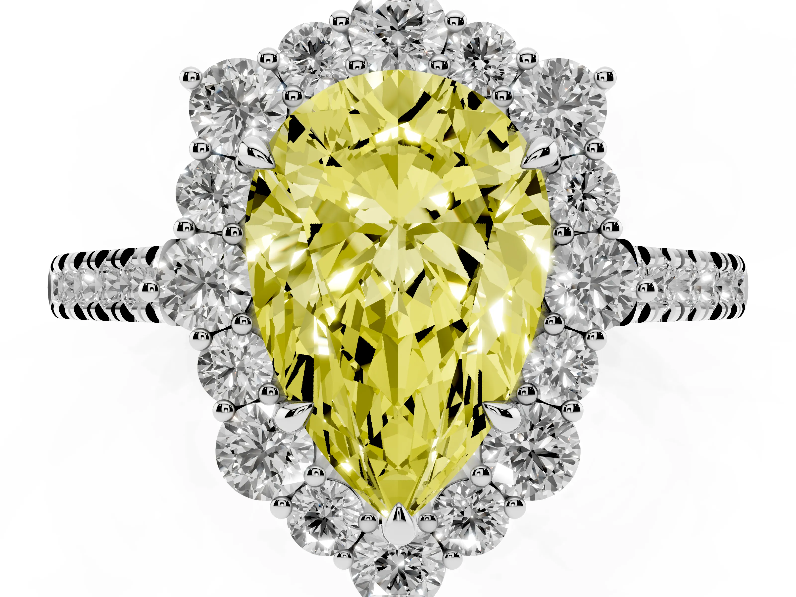 Fancy Yellow Pear Cut Diamond Halo Ring Set in Silver with Pavé Band and Prong Setting