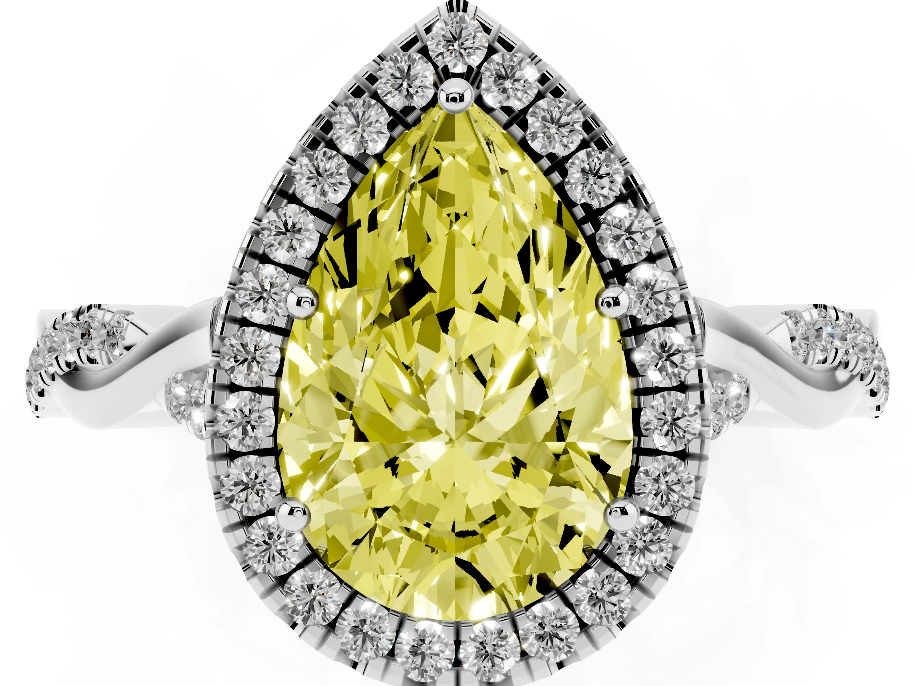 Fancy Yellow Pear Cut Diamond Halo Twist Band Solitaire Ring Set in White gold with Prong Setting