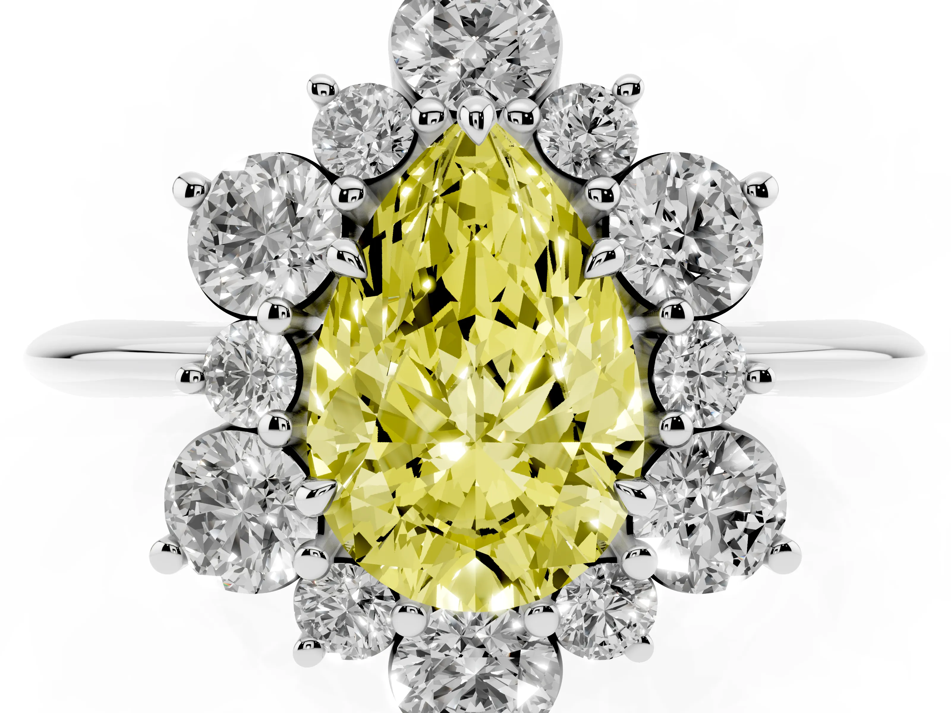 Fancy Yellow Pear Cut Diamond Cluster Halo Ring Set in Silver with Solitaire Band and Prong Setting