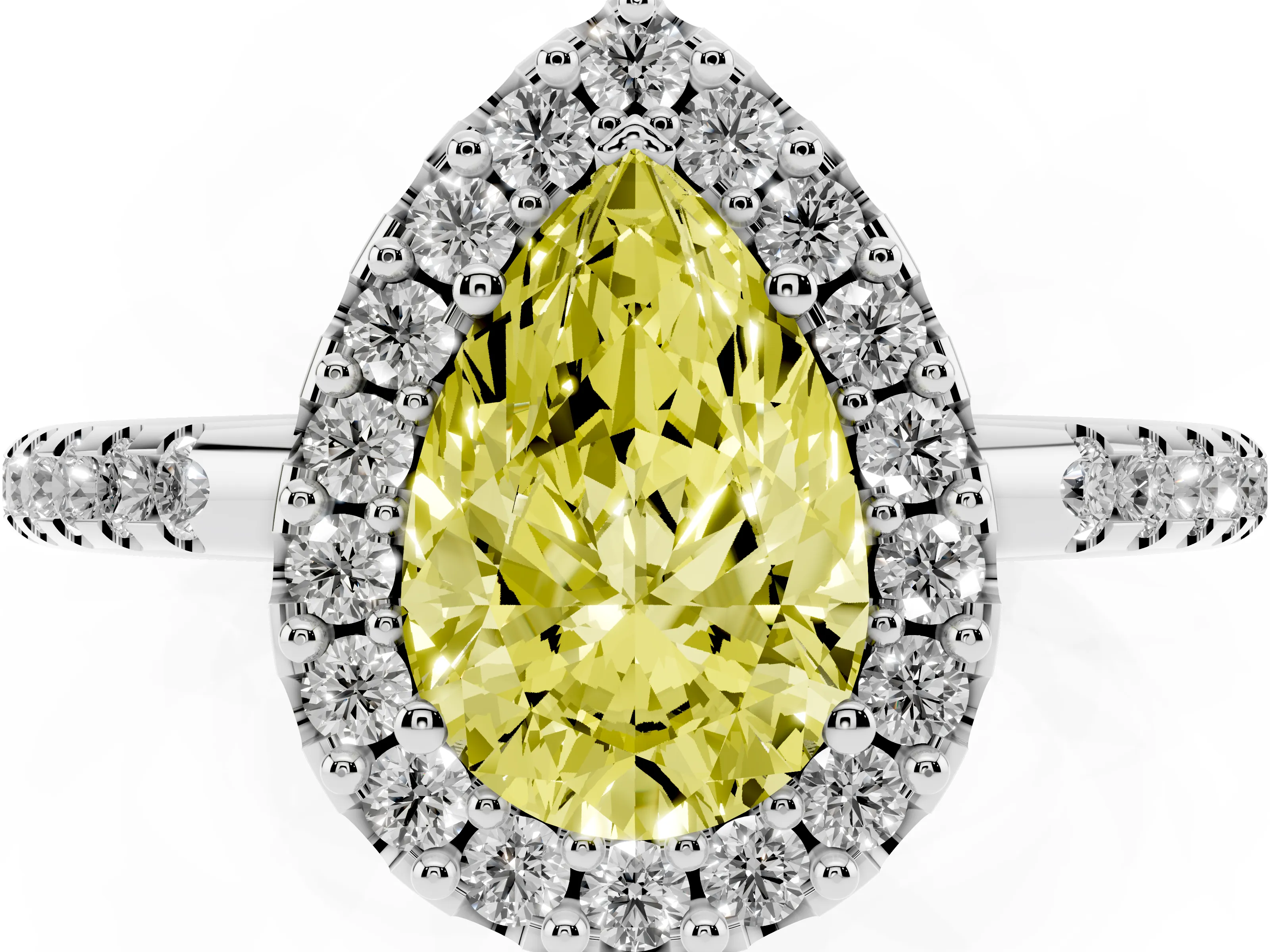 Fancy Yellow Pear Cut Diamond Pavé Halo Ring Set in Silver with Prong Setting