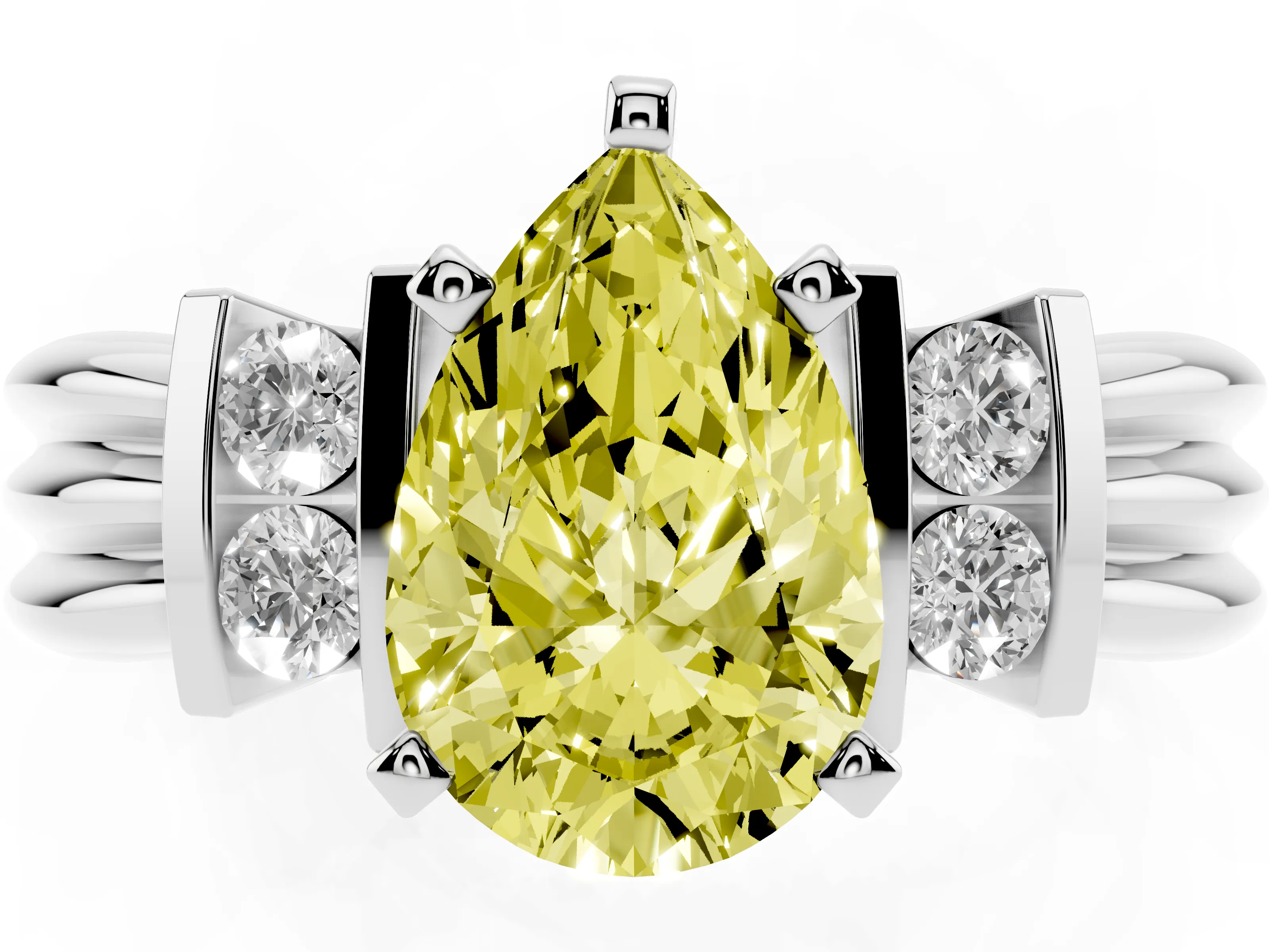 Fancy Yellow Three-Stone Pear Cut Diamond Channel Set Ring Set in White gold with Bar Prongs