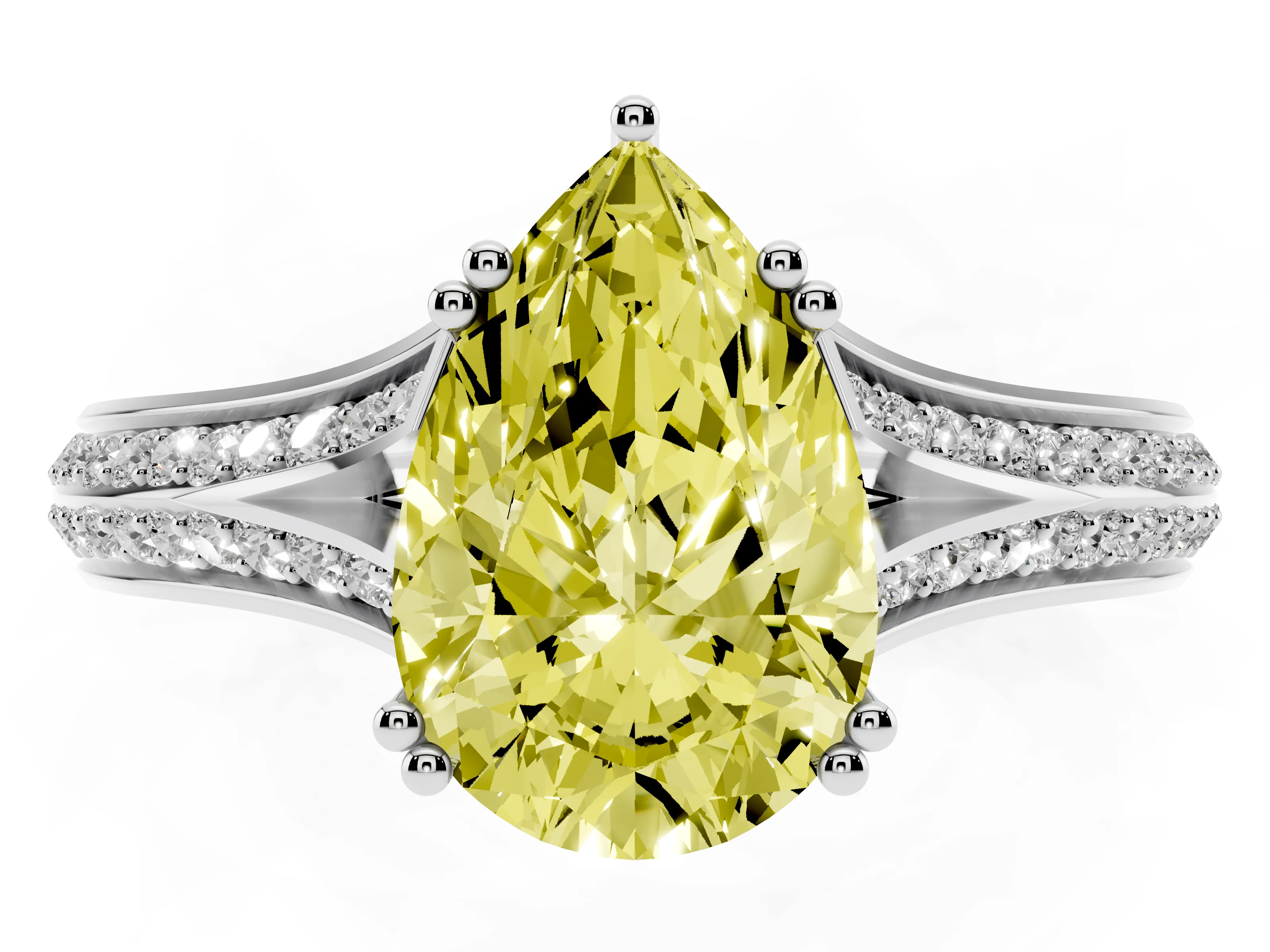 Fancy Yellow Pear Cut Diamond Split Shank Pavé Engagement Ring Set in Silver with Prong-Set Center Stone