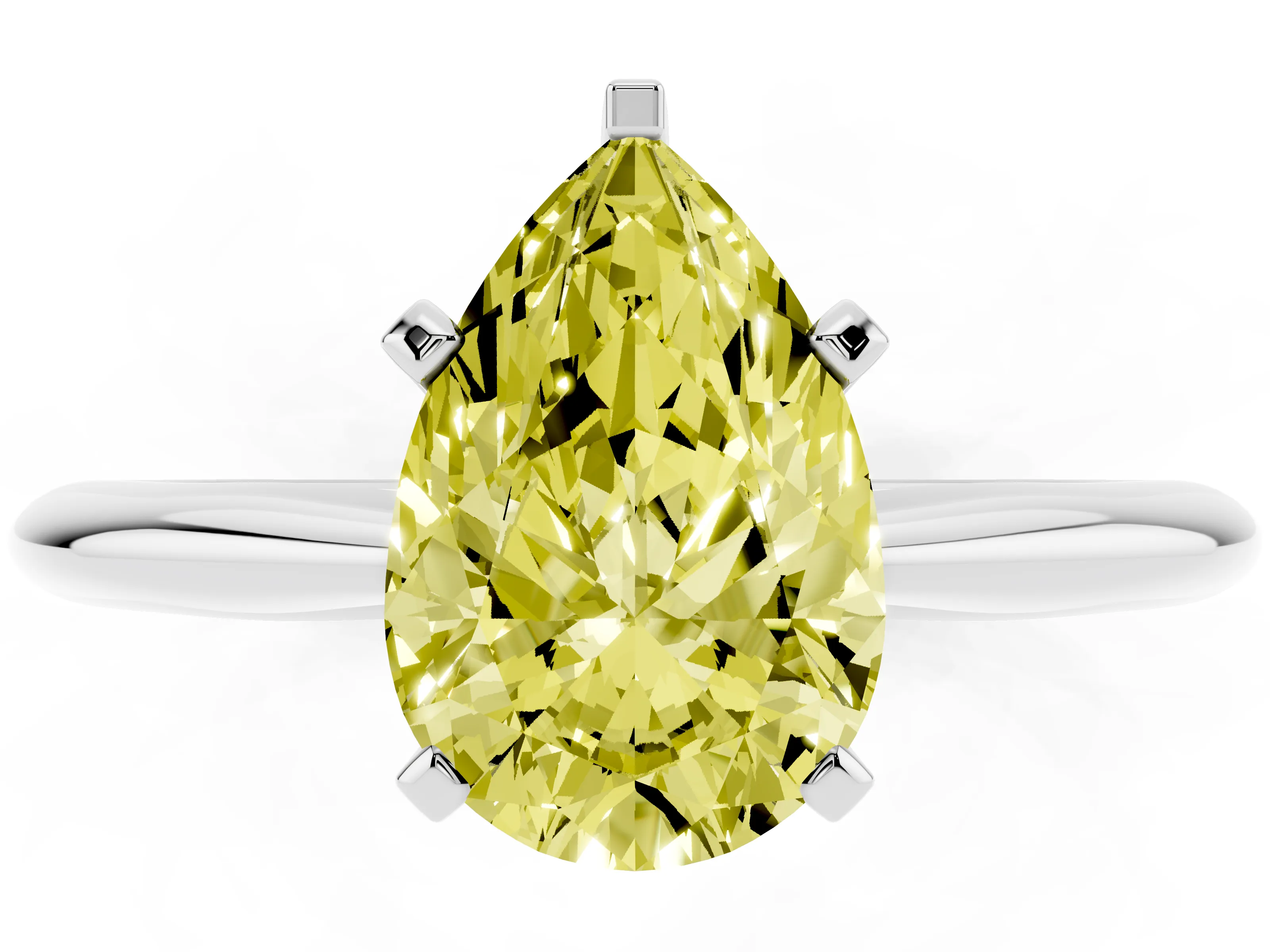 Fancy Yellow Pear Cut Diamond Solitaire Ring Set in Silver with Prong Setting on a Plain Round Band