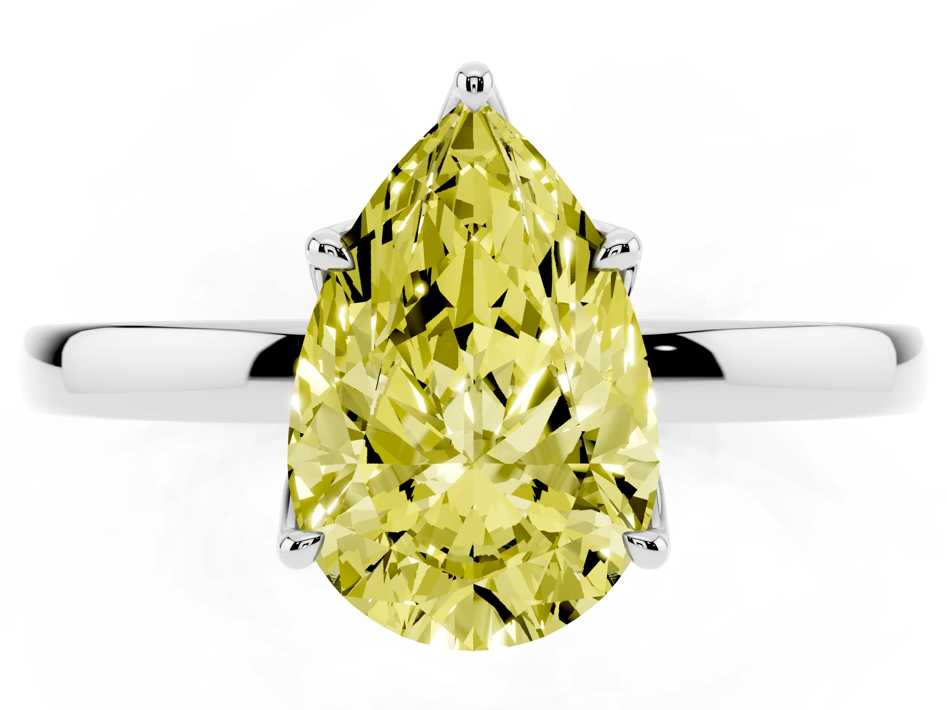 Fancy Yellow Pear Cut Diamond Solitaire Ring Set in Platinum with Prong Setting and Thin Polished Band