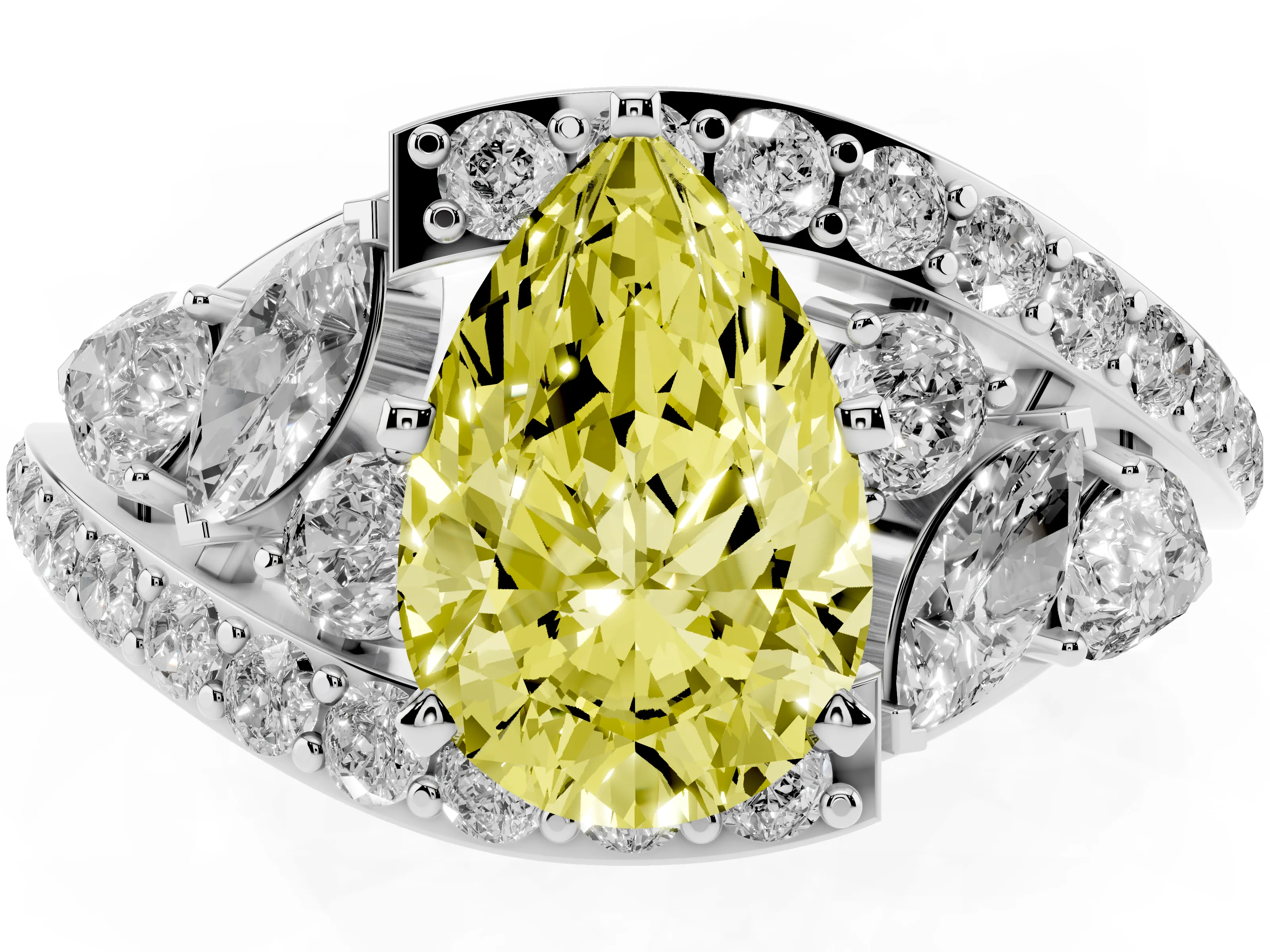 Fancy Yellow Pear Cut Diamond Halo Ring Set in Platinum with Marquise and Pavé Band in Prong Setting