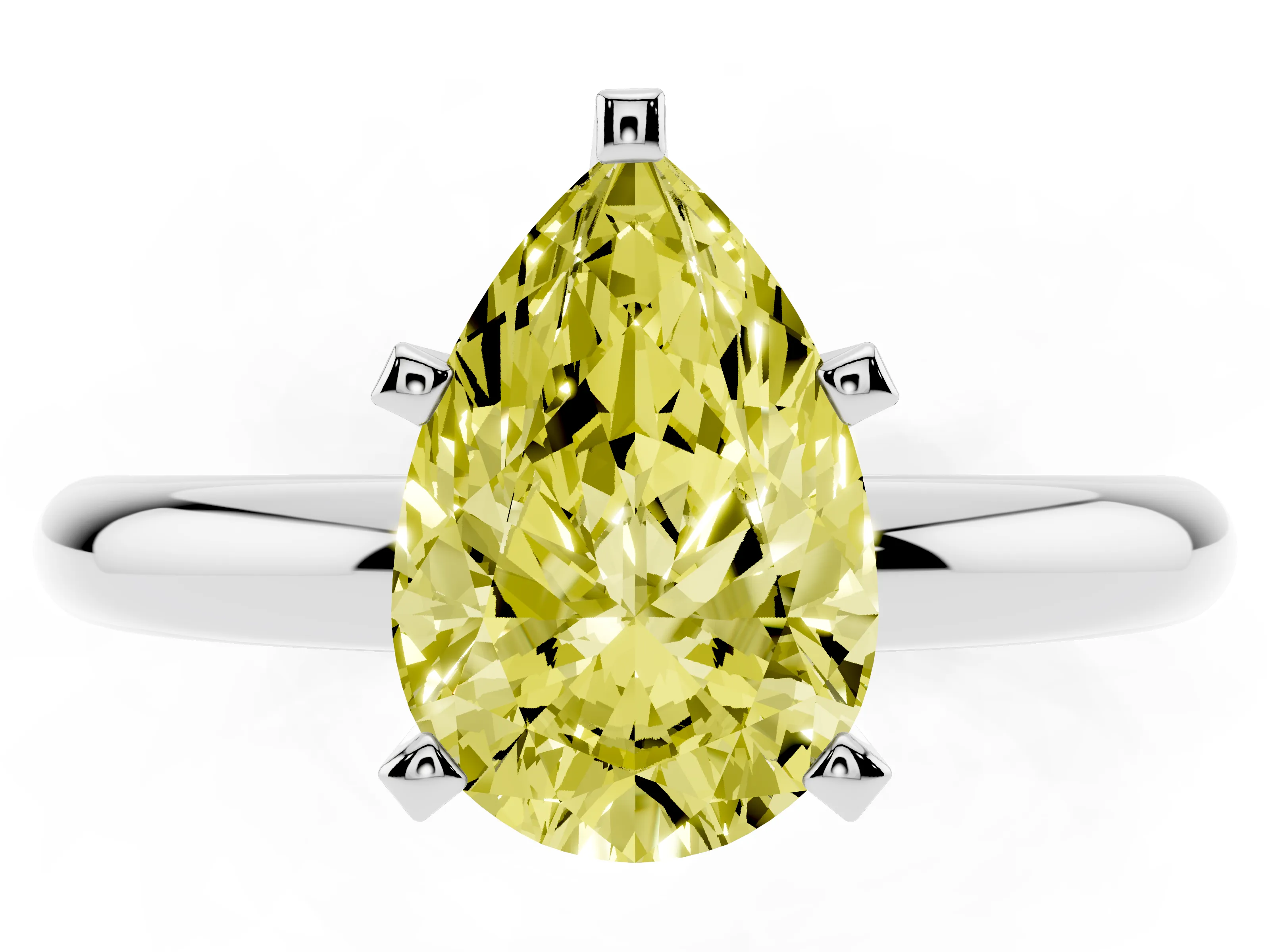 Fancy Yellow Pear Cut Diamond Solitaire Engagement Ring Set in Platinum with Round Band and Prong Setting