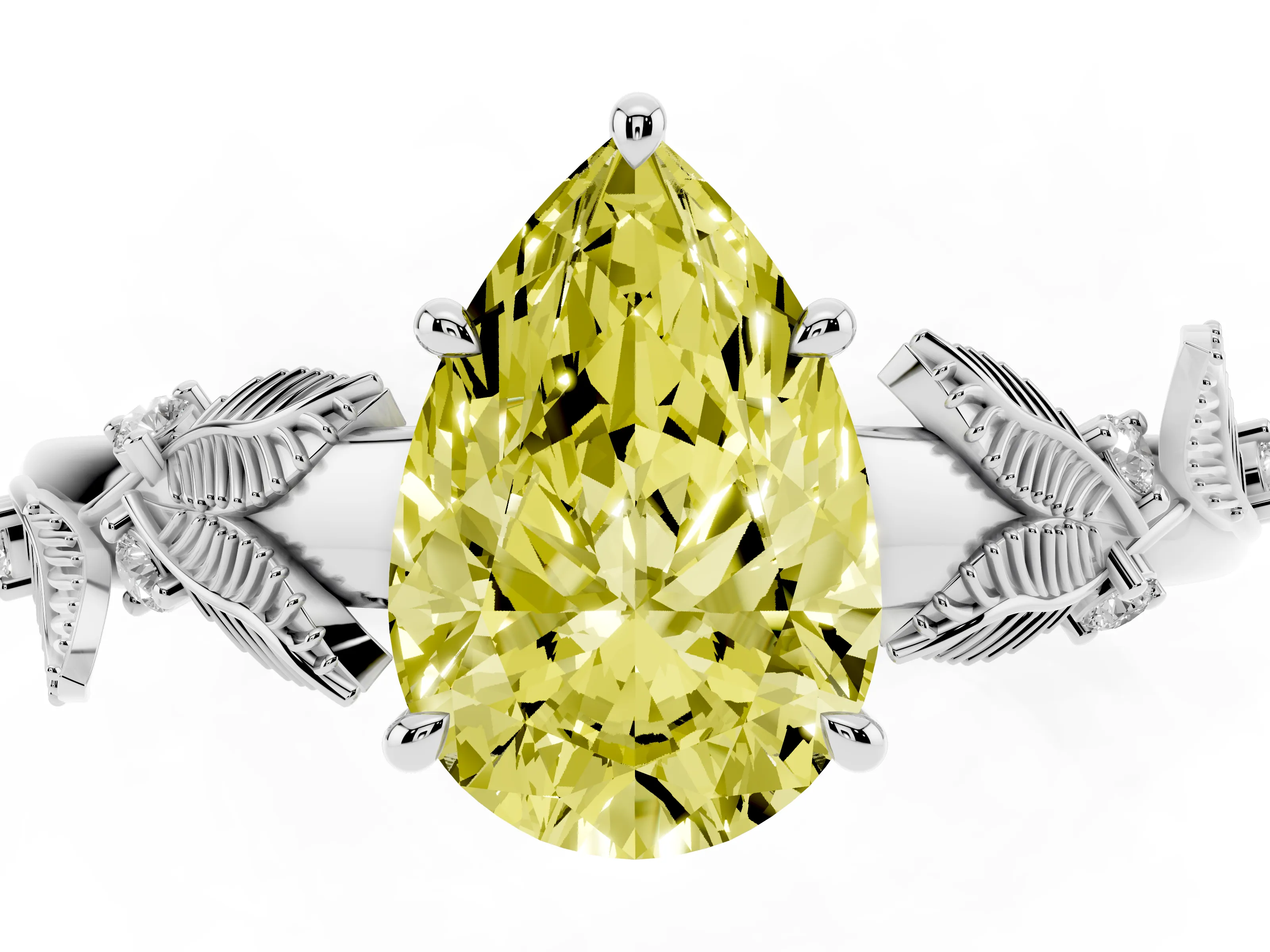 Fancy Yellow Pear Cut Diamond Solitaire Ring Set in Silver with Leaf Motif Band