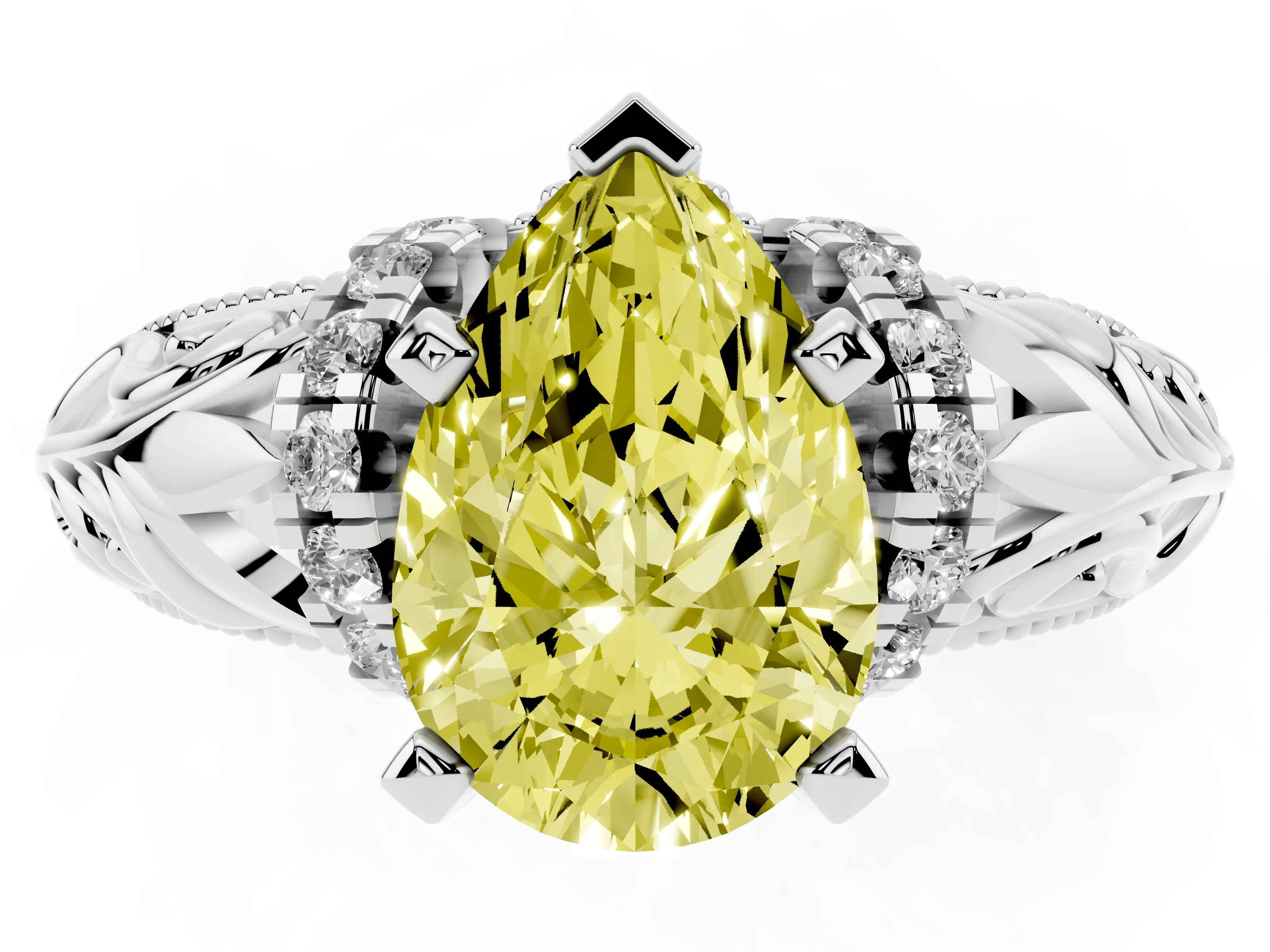 Fancy Yellow Pear Cut Diamond Filigree Halo Engagement Ring Set in White gold with Prong Setting