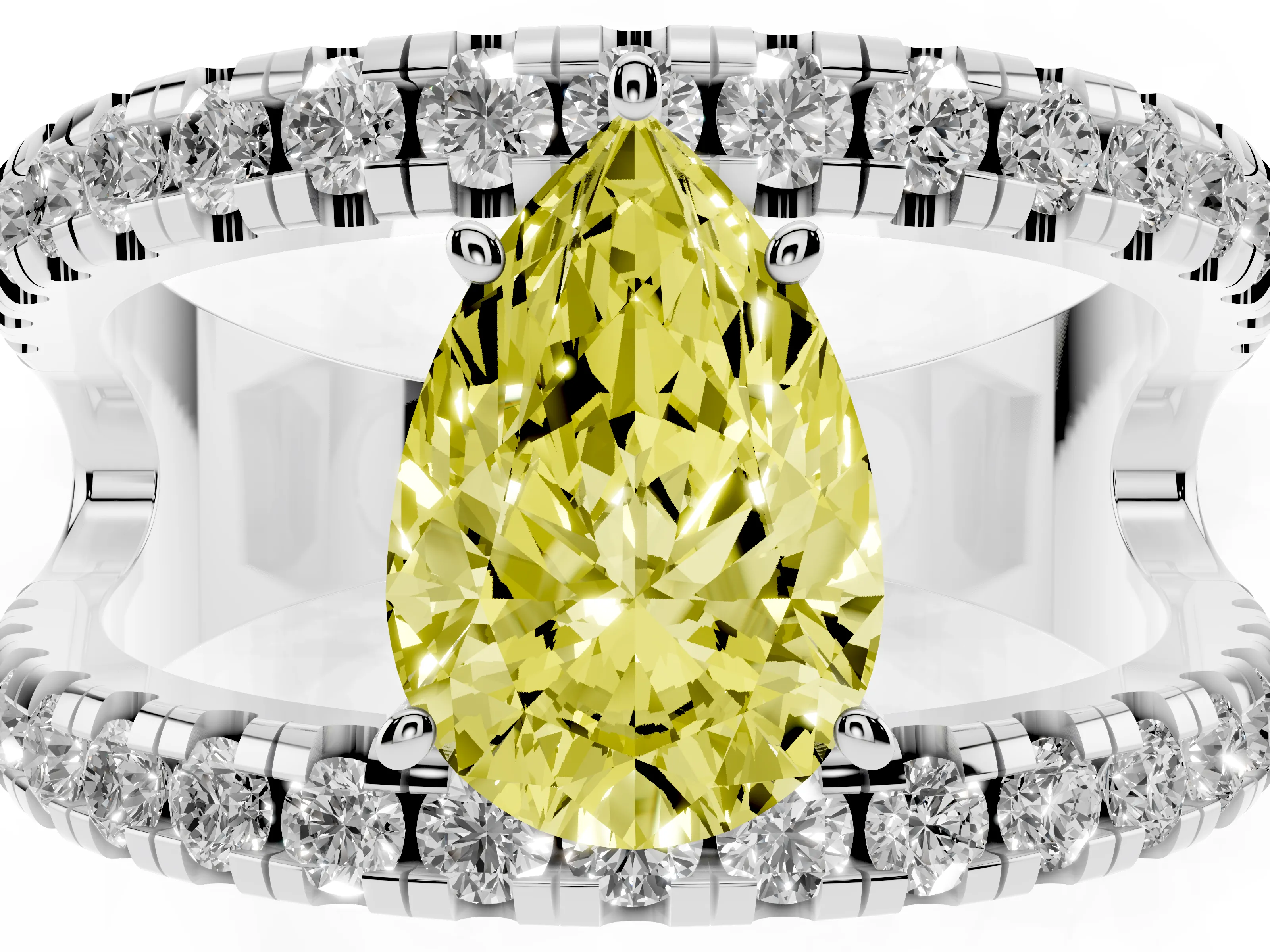 Fancy Yellow Pear Cut Diamond Split Shank Pavé Solitaire Ring Set in Silver with Open Shank Design