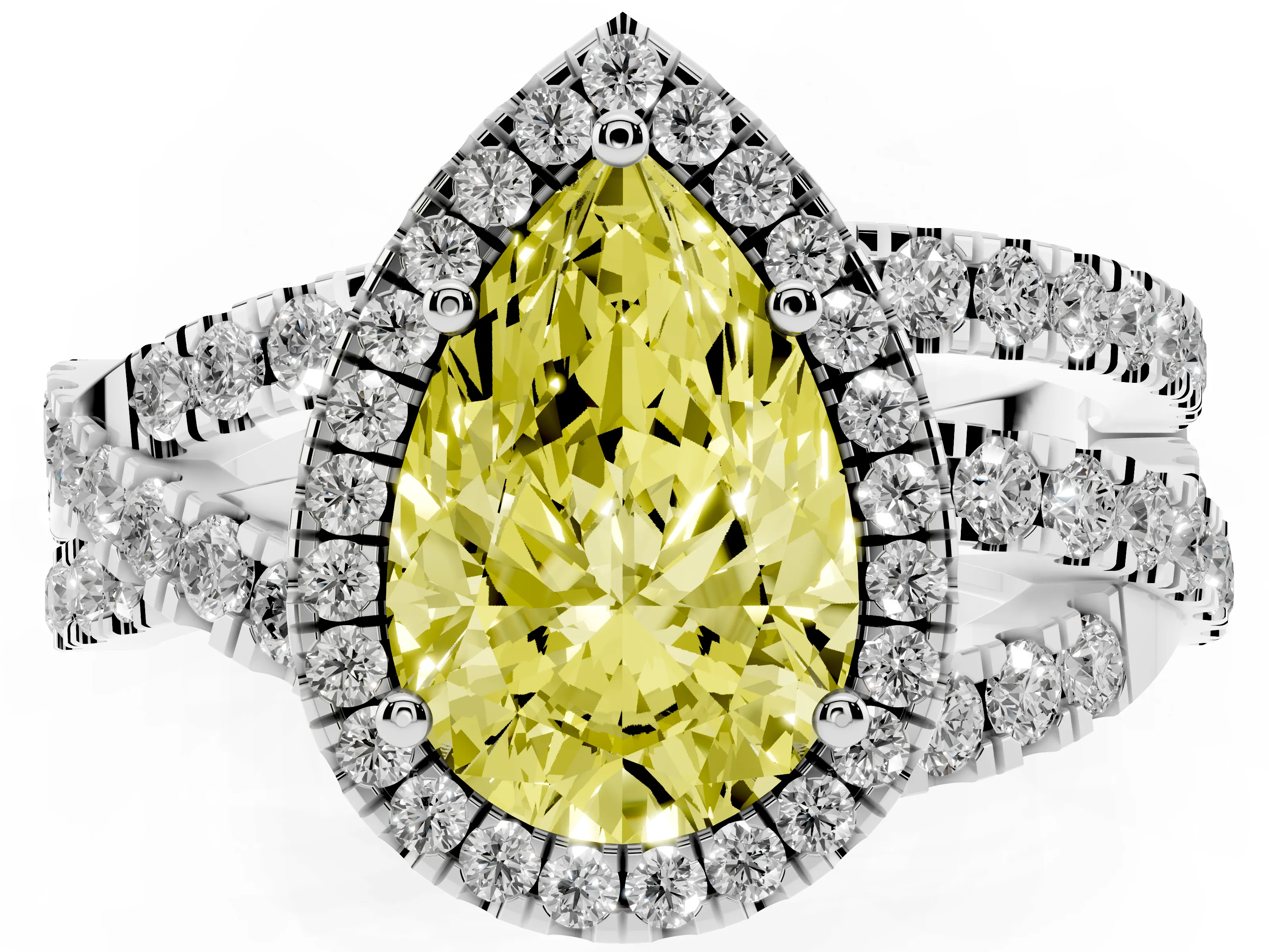Fancy Yellow Pear Cut Diamond Halo Ring Set in Silver with Round Crossover Split Shank and Prong Setting