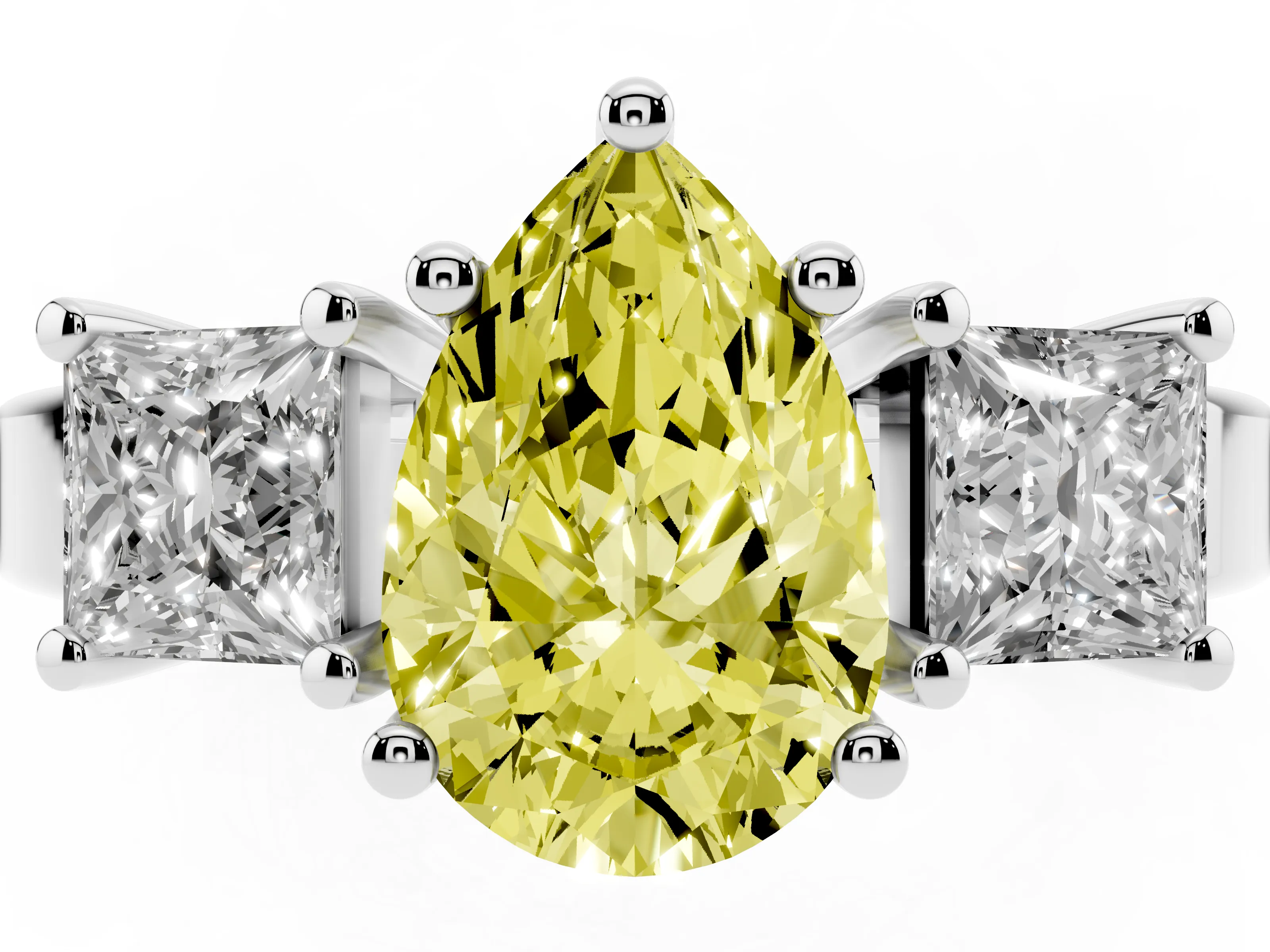 Fancy Yellow Three-Stone Pear Cut Diamond Solitaire Ring Set in Platinum with Prong Setting