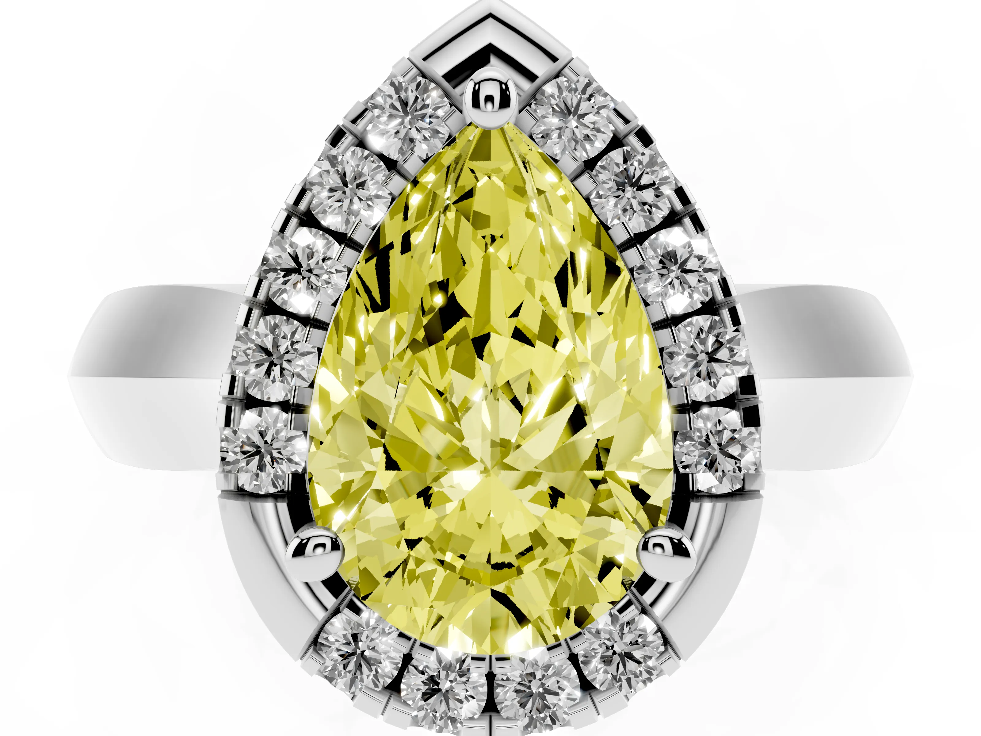 Fancy Yellow Pear Cut Diamond Halo Solitaire Engagement Ring Set in Platinum with Square Band and Prong Setting