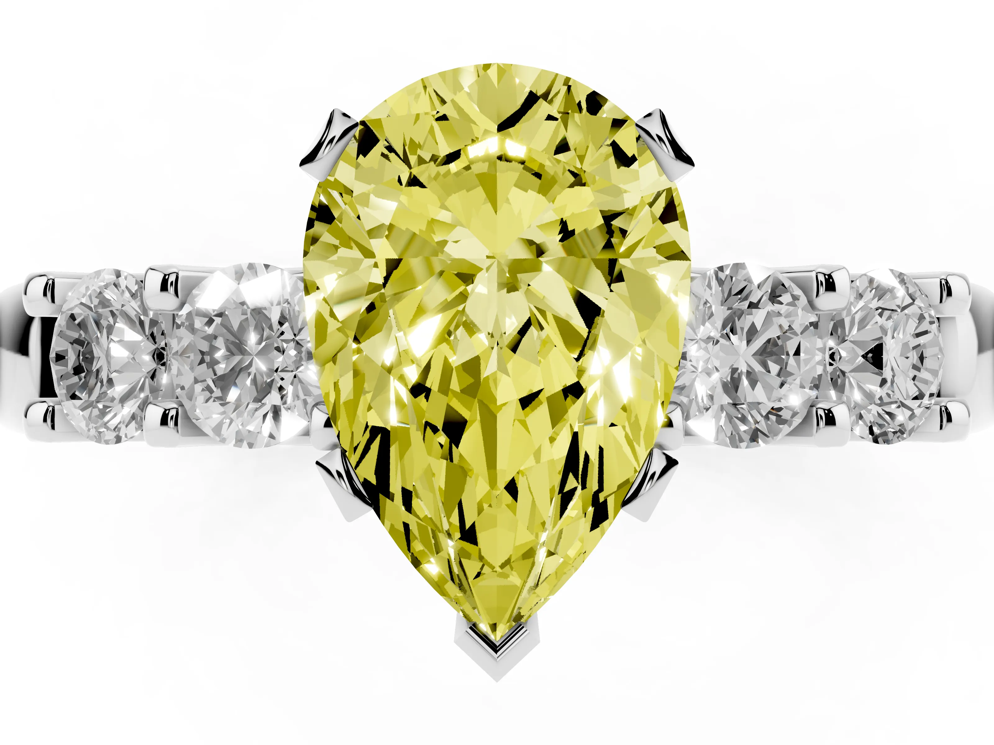 Fancy Yellow Pear Cut Diamond Five-Stone Prong Set Engagement Ring Set in Platinum with Channel Band