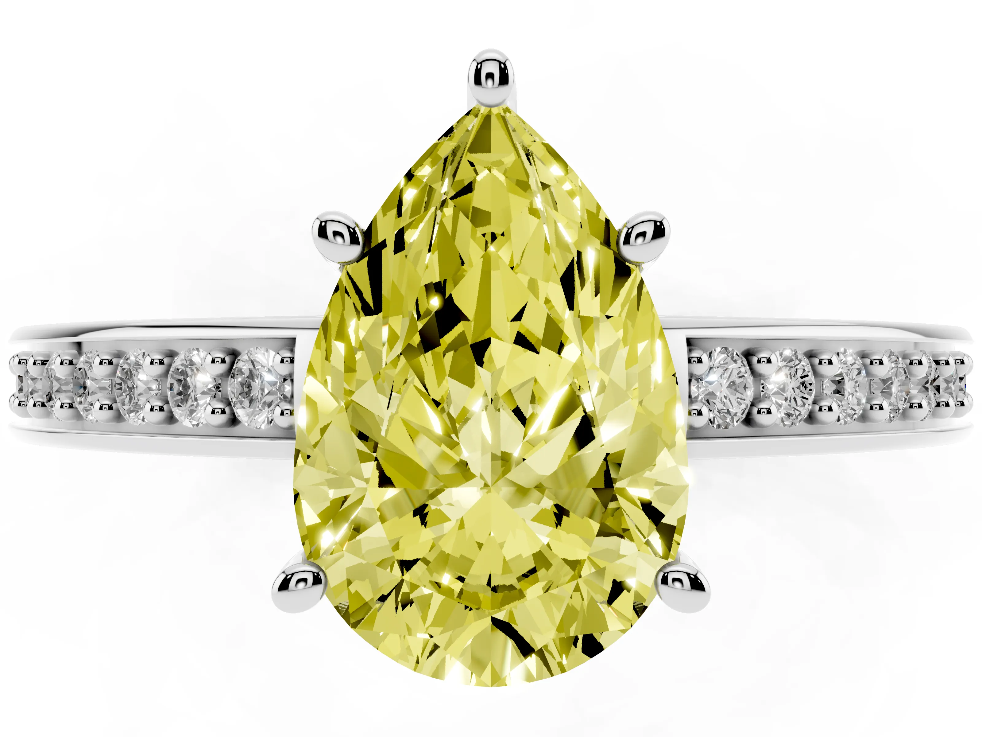 Fancy Yellow Pear Cut Diamond Pavé Band Prong Set Solitaire Ring Set in Silver