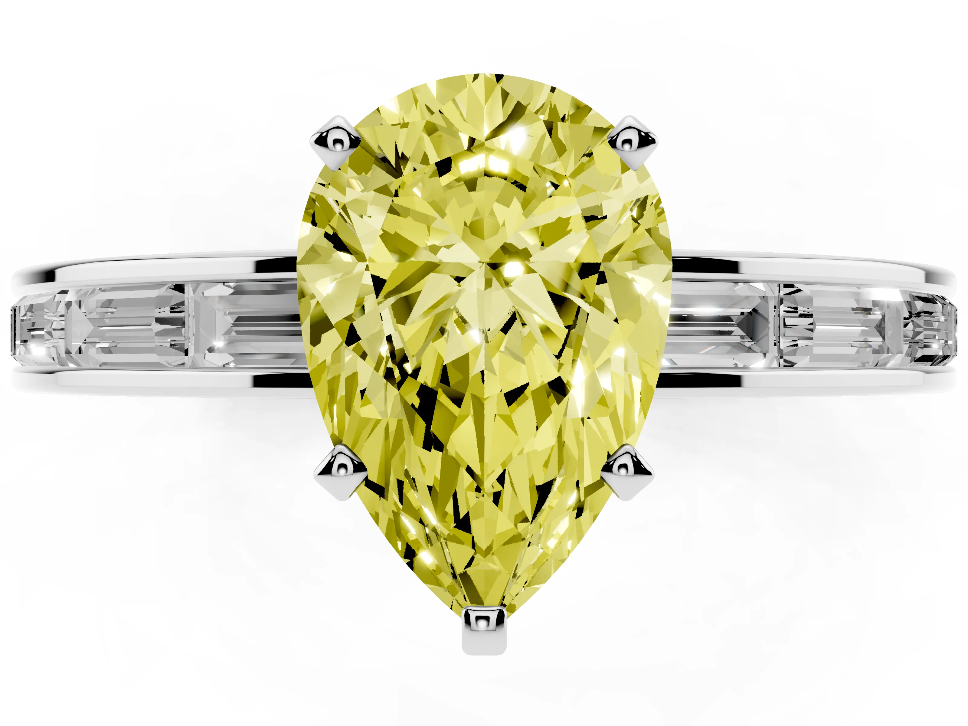 Fancy Yellow Pear Cut Diamond Solitaire Ring Set in Silver with Channel-Set Baguette Band and Prong Setting