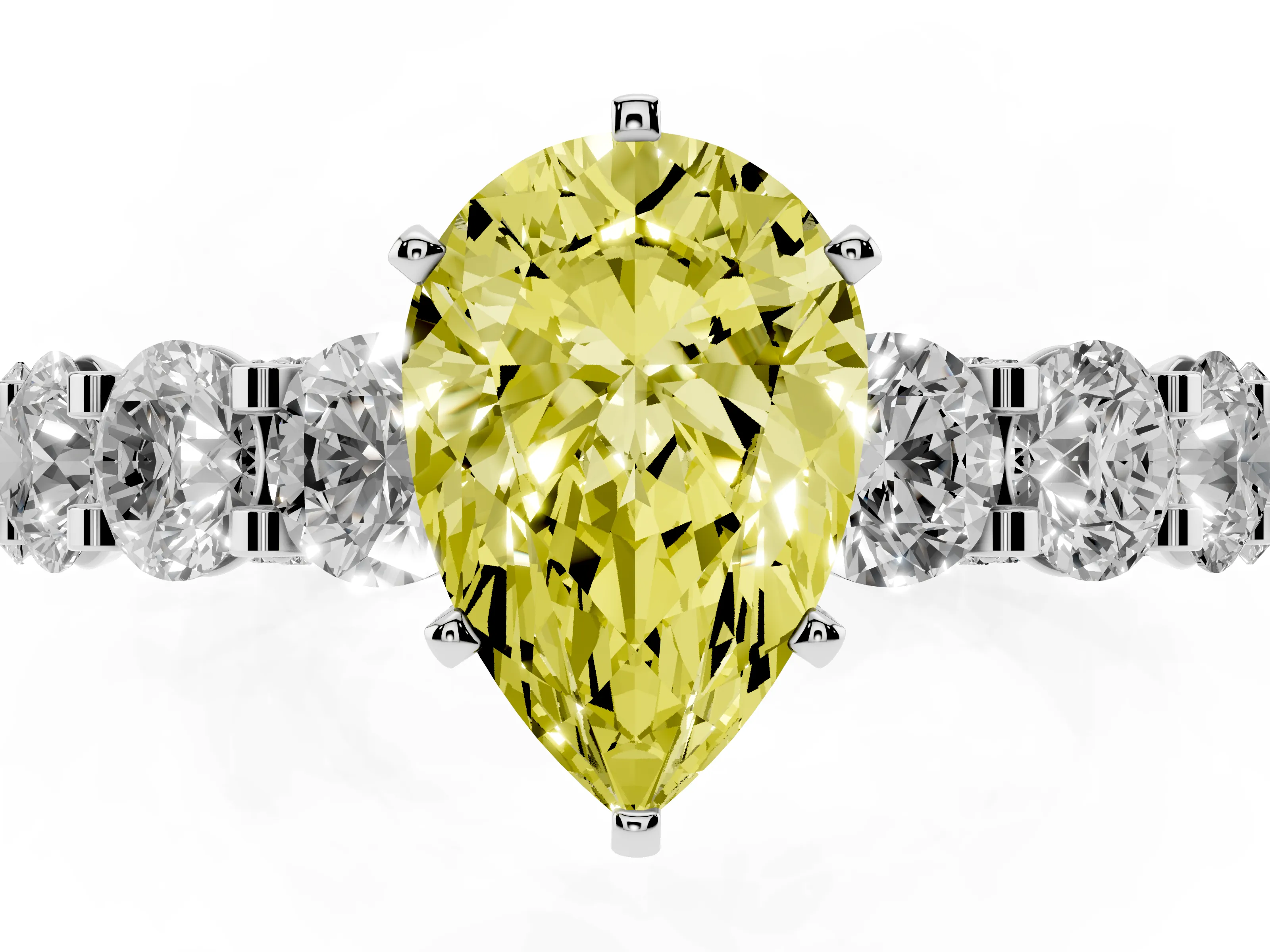Fancy Yellow Pear Cut Diamond Side Stone Ring Set in Platinum with Alternating Round and Oval Side Stones