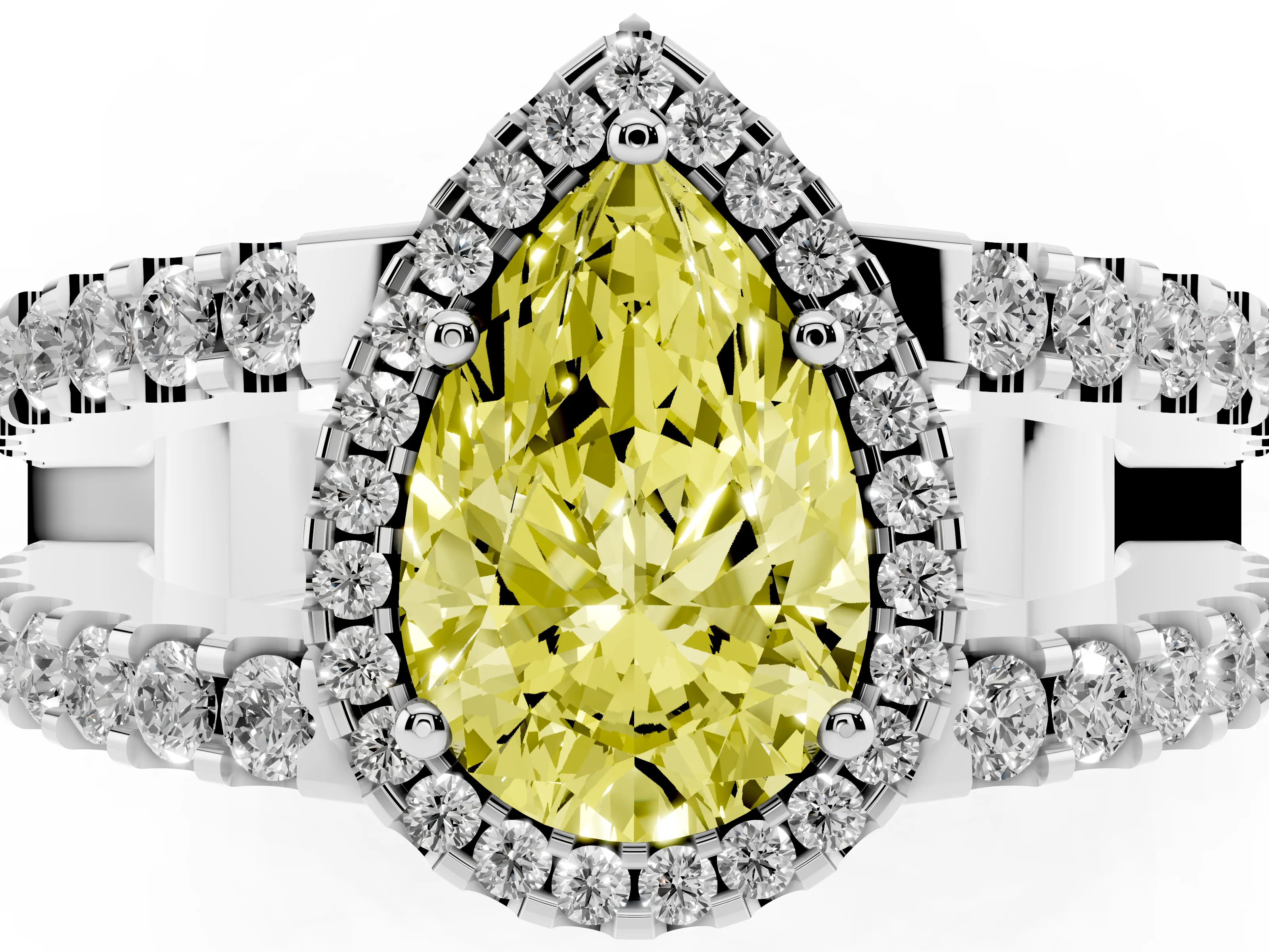 Fancy Yellow Pear Cut Diamond Halo Ring Set in White gold with Pavé Split Shank and Prong Setting
