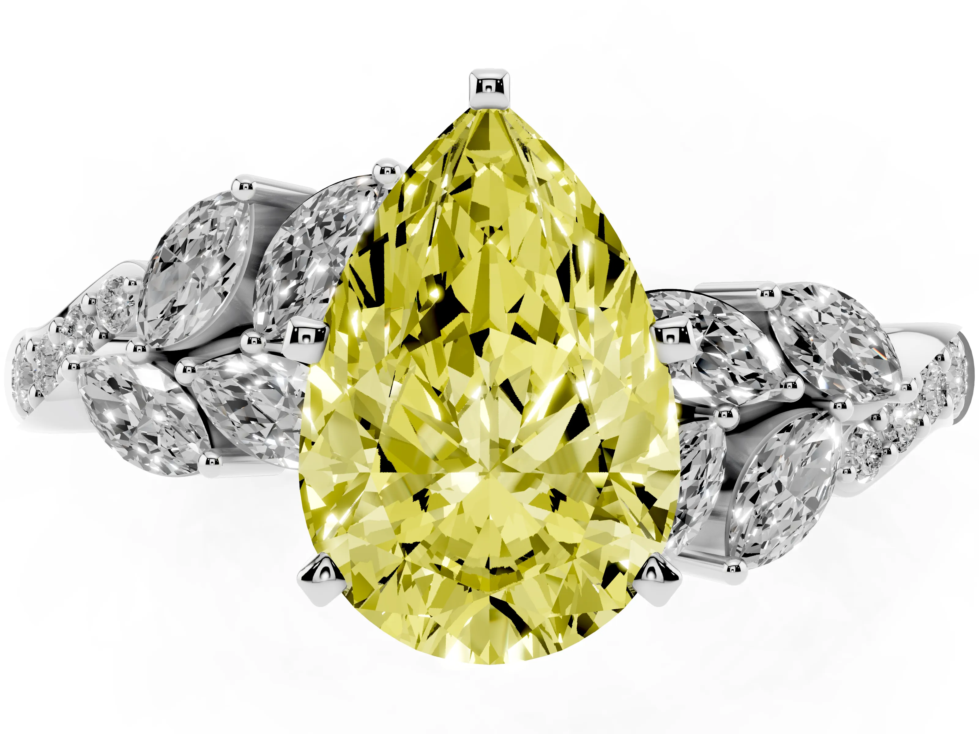 Fancy Yellow Pear Cut Diamond Solitaire Ring Set in Platinum with Marquise Twist Band and Prong Setting