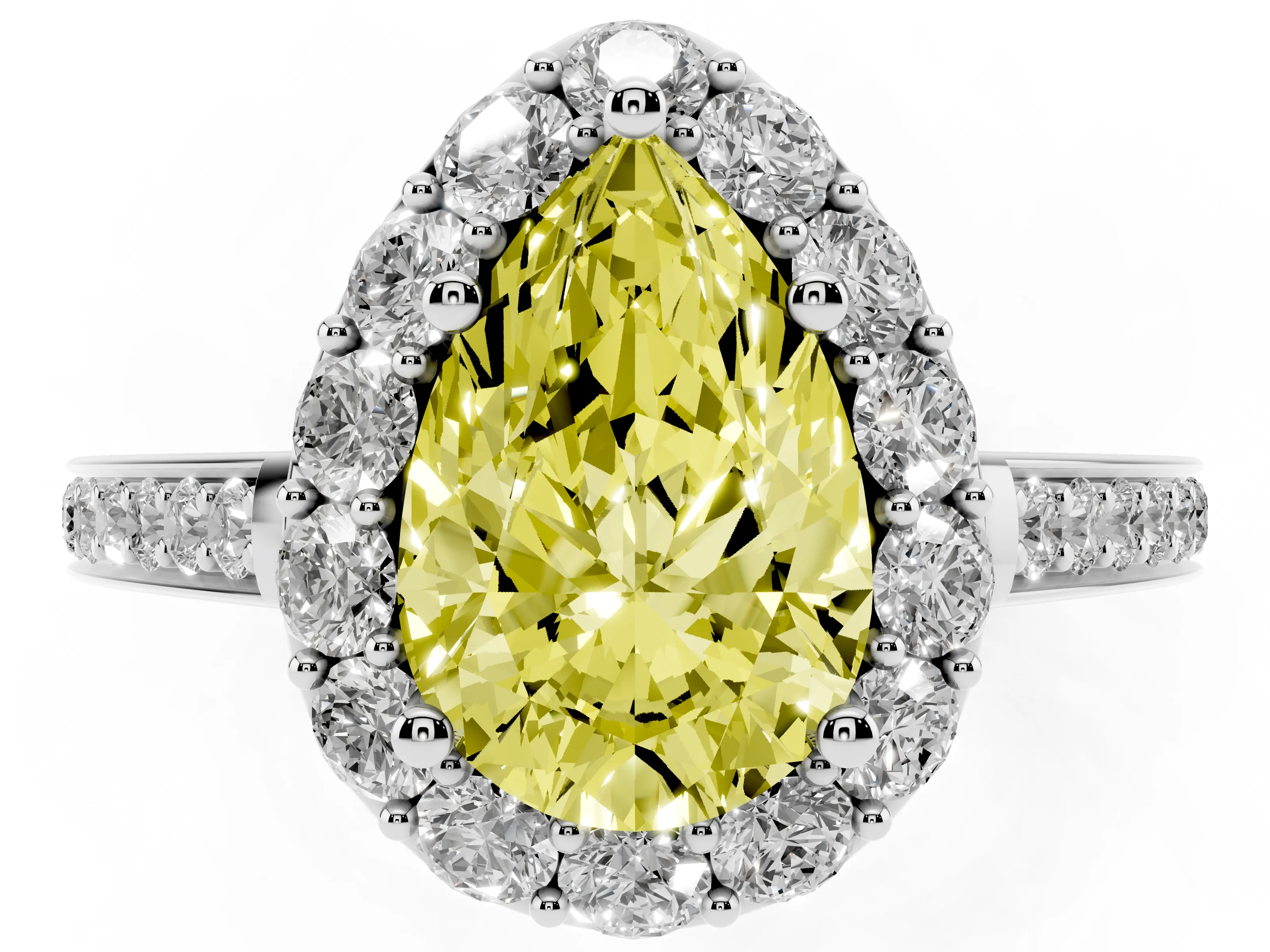Fancy Yellow Pear Cut Diamond Floral Halo Ring Set in Platinum with Pavé Band and Prong Setting