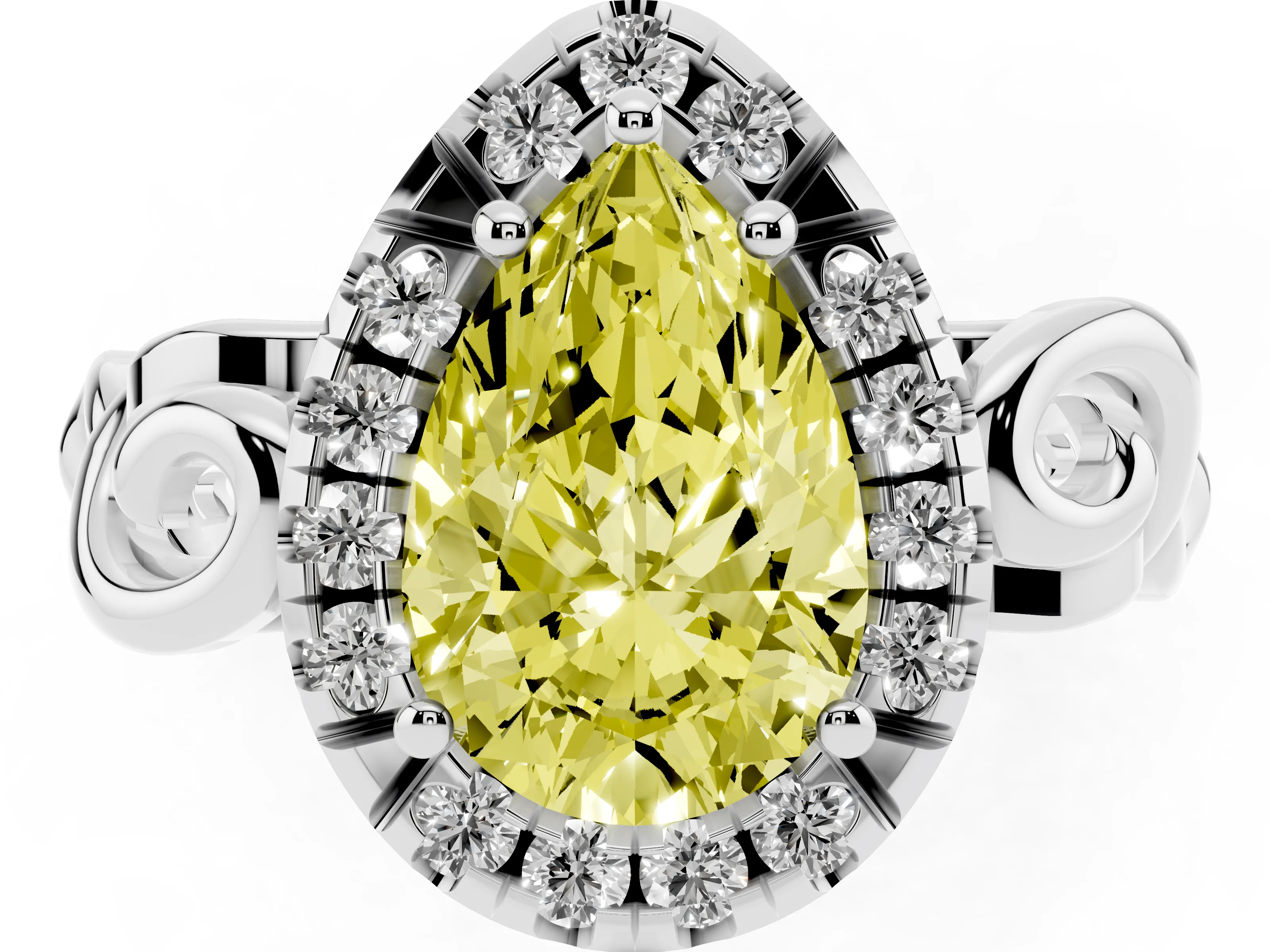 Fancy Yellow Pear Cut Diamond Halo Ring Set in Platinum with Scrollwork Band and Prong Setting