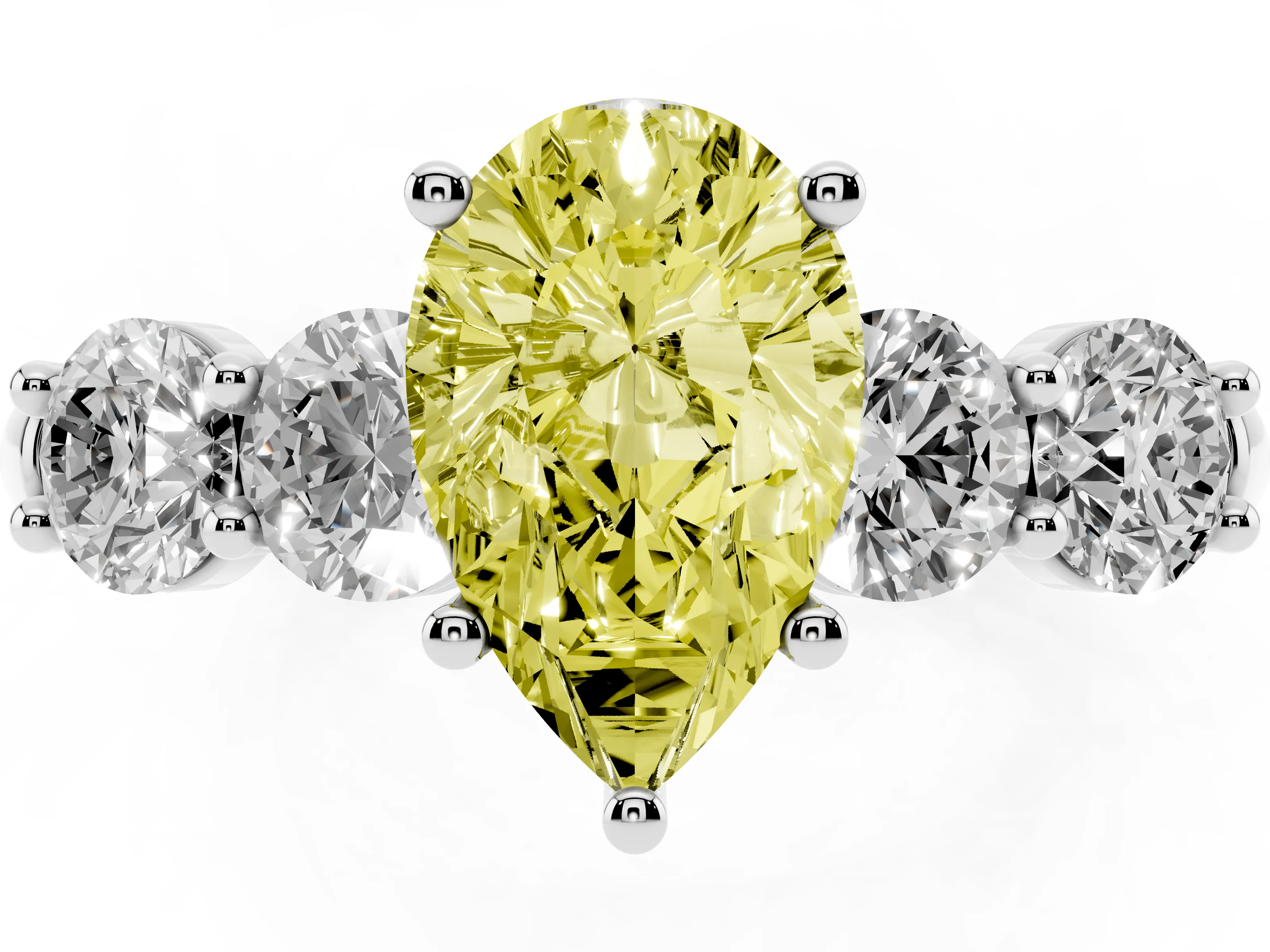 Fancy Yellow Pear Cut Diamond Five-Stone Prong Set Ring Set in White gold with Classic Band
