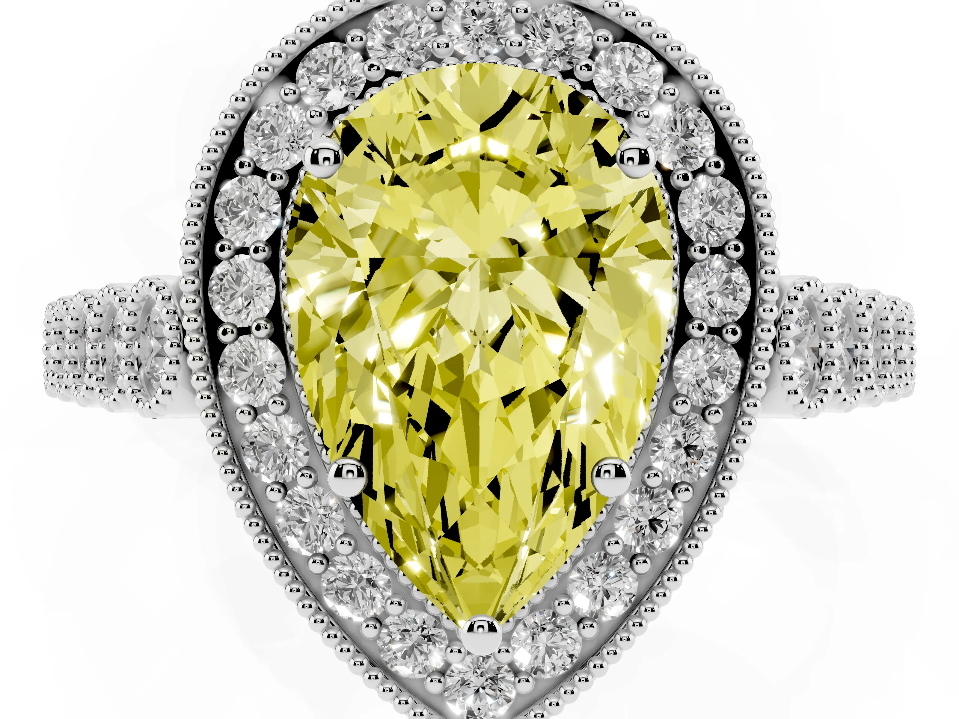 Fancy Yellow Pear Cut Diamond Milgrain Halo Solitaire Ring Set in Silver with Bezel Set Side Stones and Pavé Band