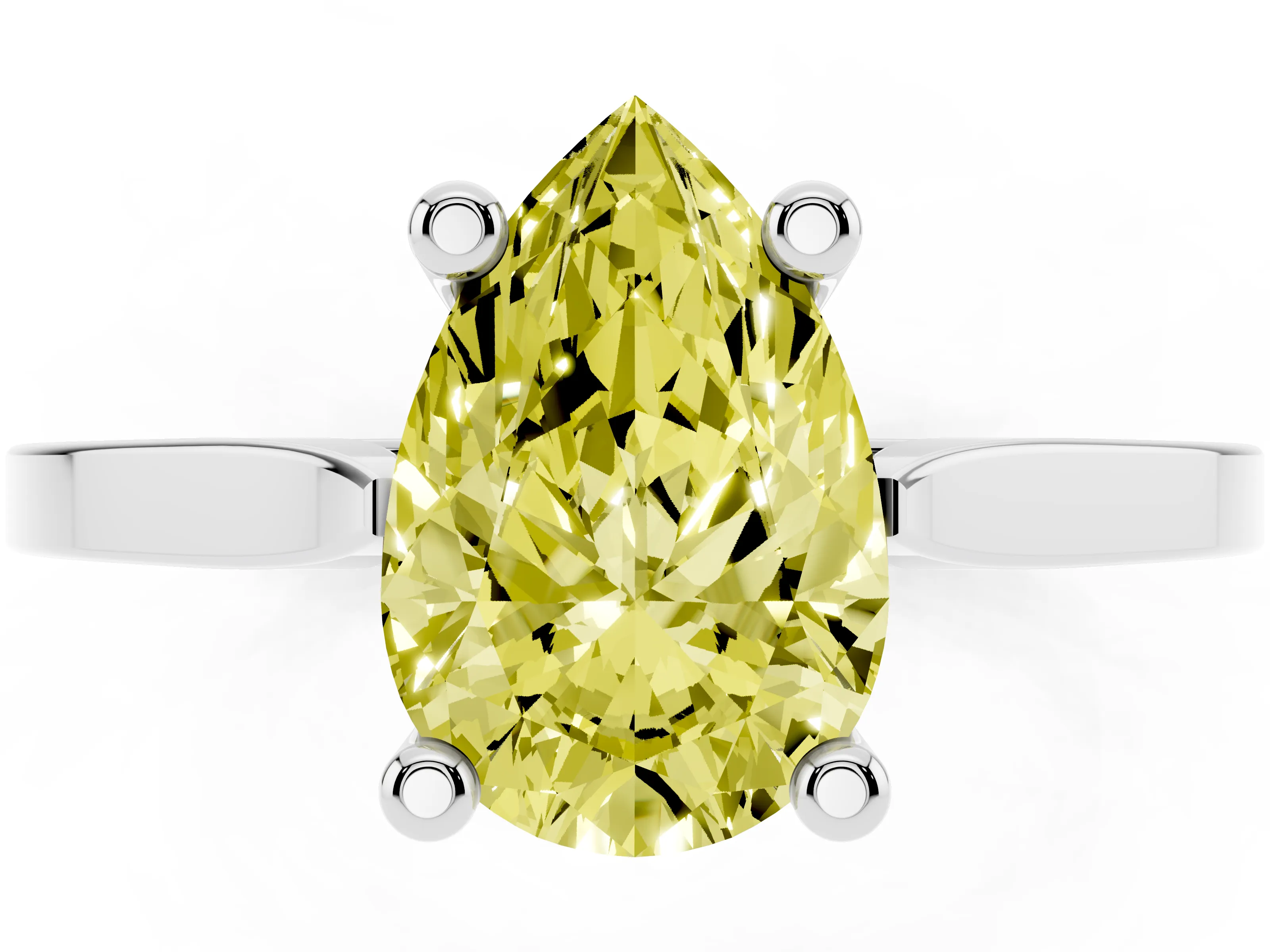 Fancy Yellow Pear Cut Diamond Solitaire Ring Set in Platinum with Prong Setting and Tapered Band