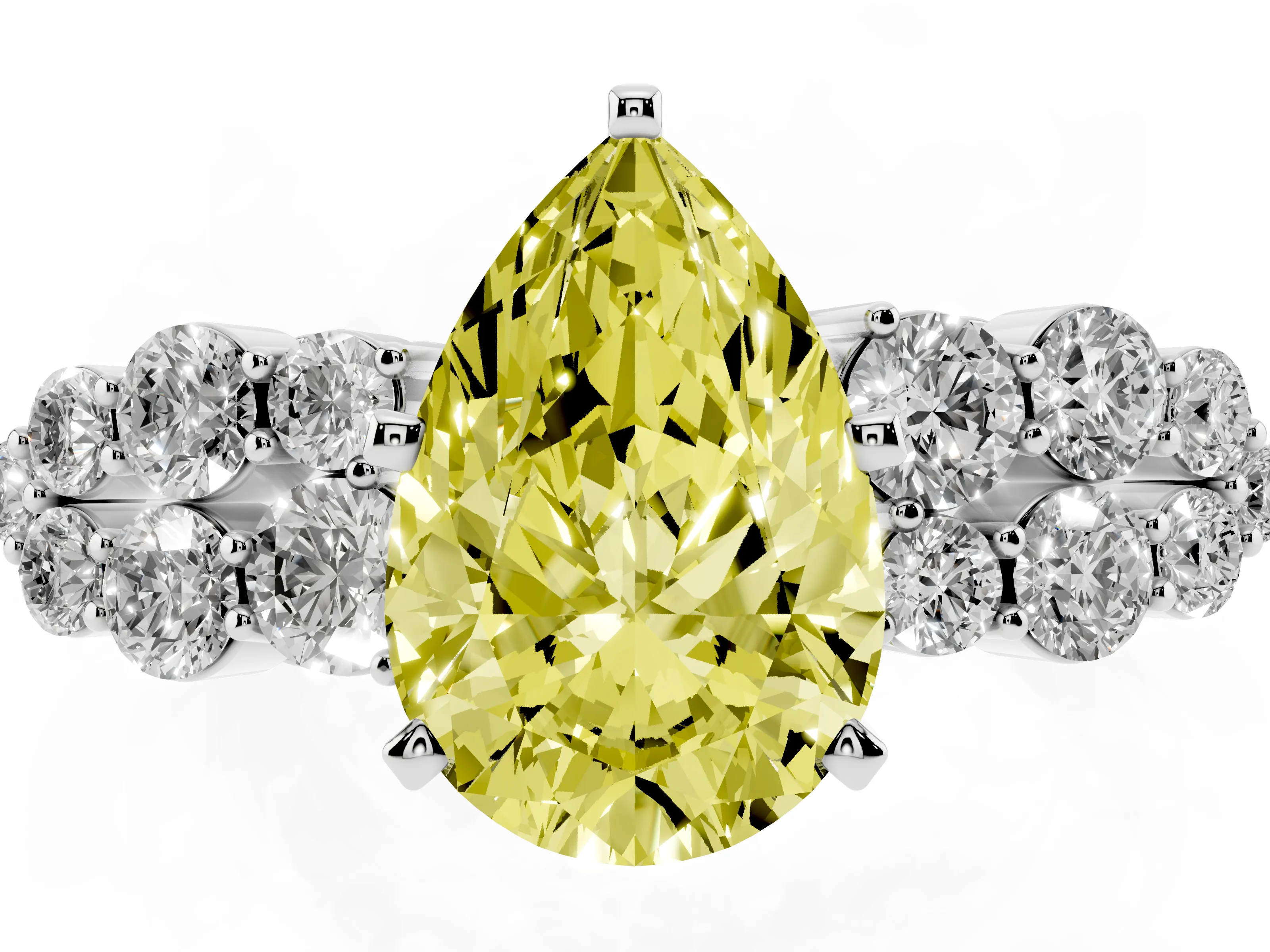 Fancy Yellow Pear Cut Diamond Cluster Engagement Ring Set in Platinum with Pavé Band and Prong Setting