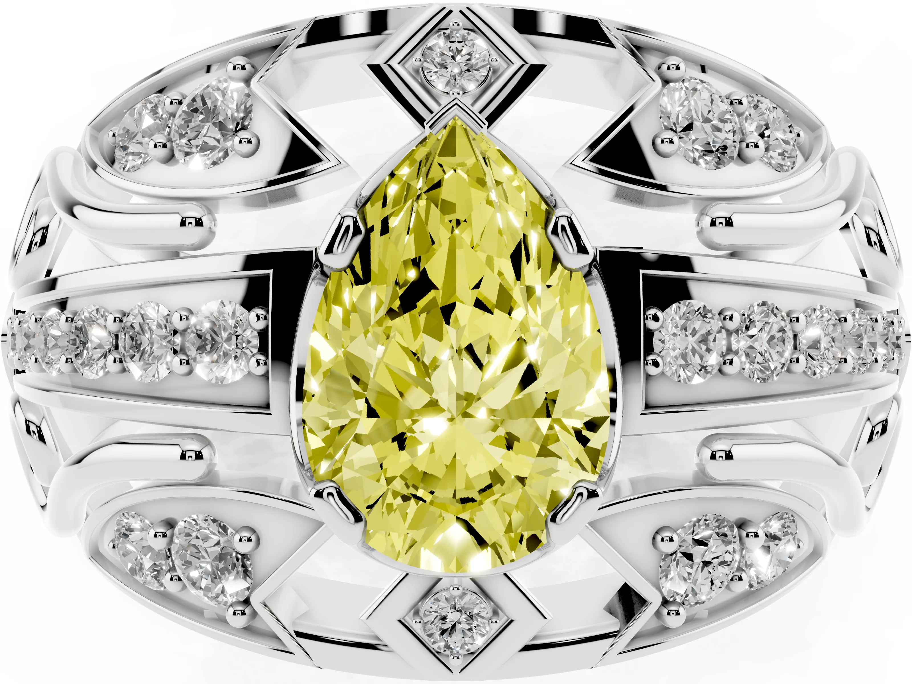 Fancy Yellow Pear Cut Diamond Art Deco Ring Set in Platinum with Pavé Split Shank